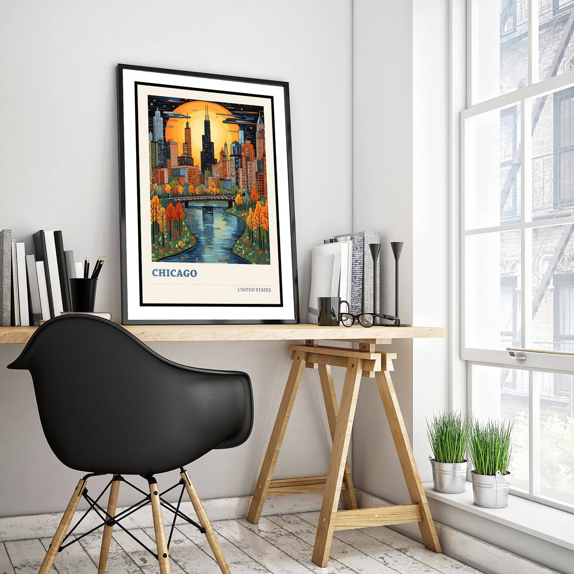 Chicago Travel Poster - USA Art Print - Vibrant City Illustration - Skyline and River