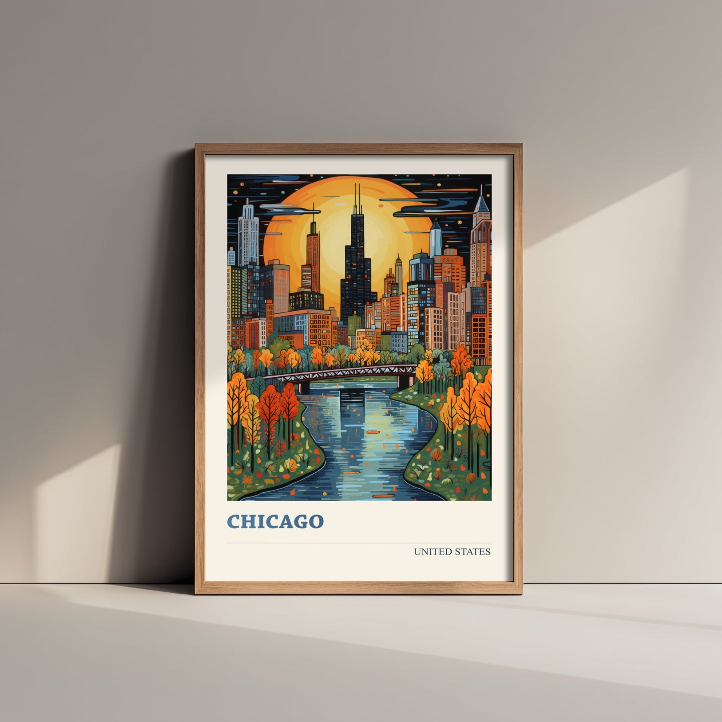 Chicago Travel Poster - USA Art Print - Vibrant City Illustration - Skyline and River
