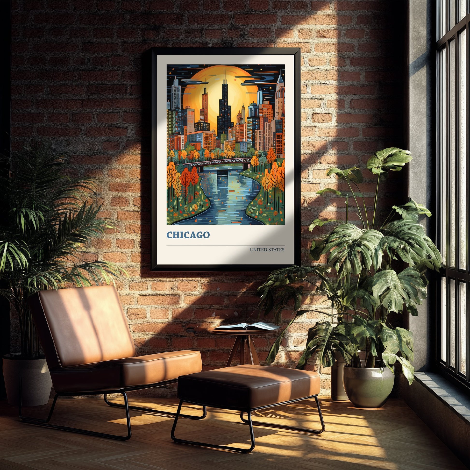 Chicago Travel Poster - USA Art Print - Vibrant City Illustration - Skyline and River
