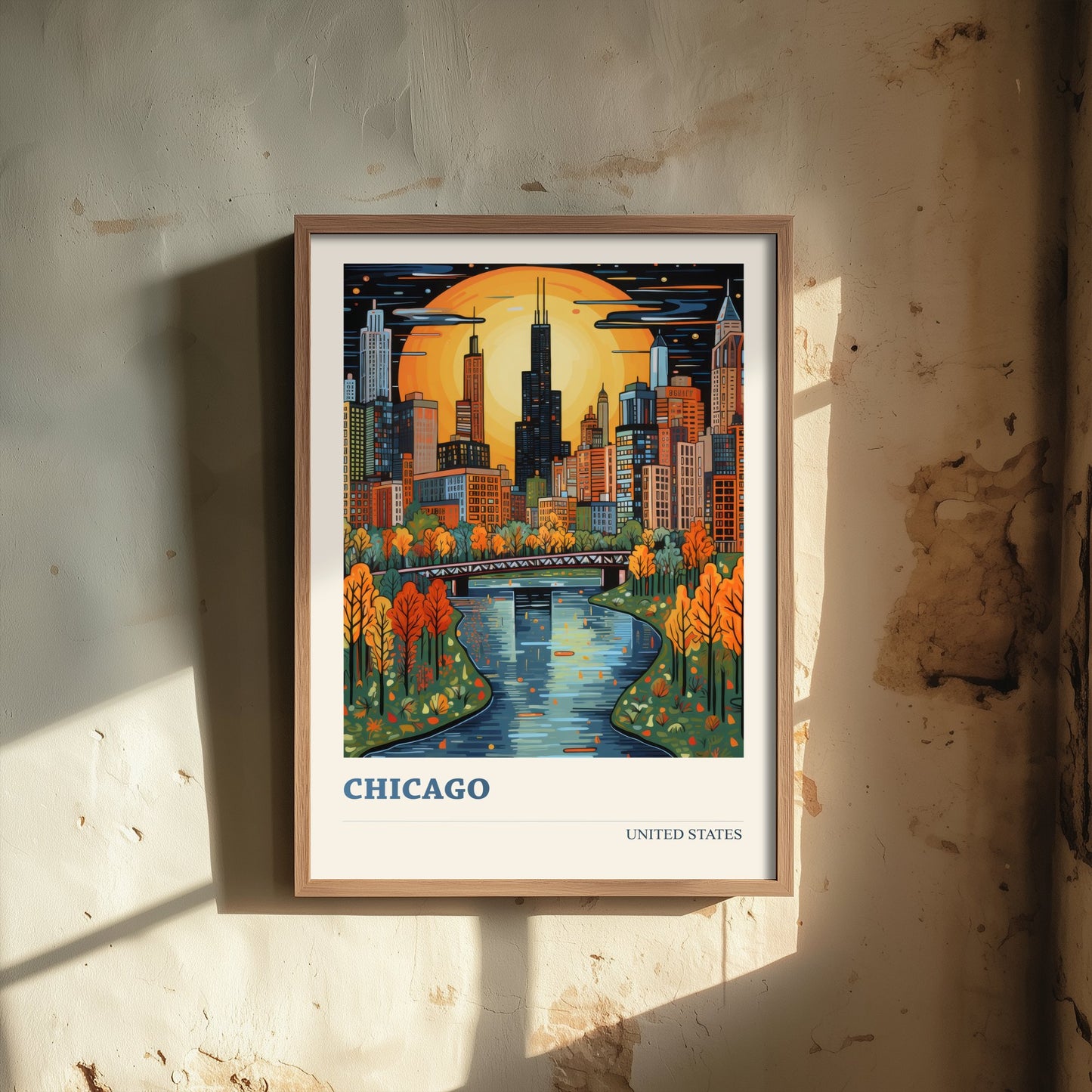 Chicago Travel Poster - USA Art Print - Vibrant City Illustration - Skyline and River