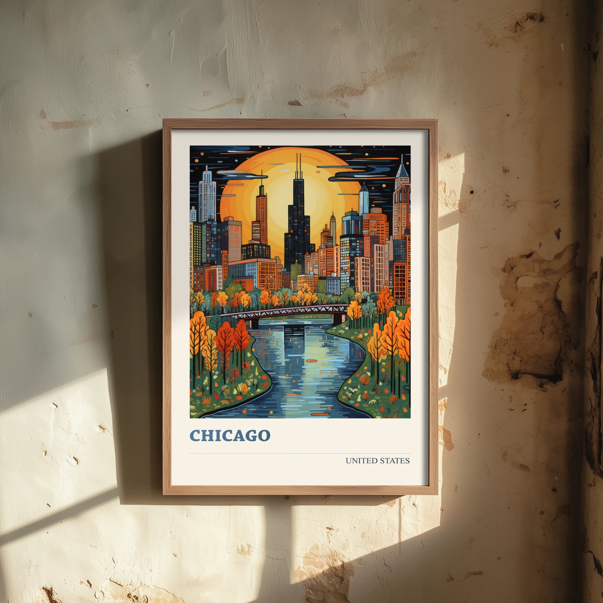 Chicago Travel Poster - USA Art Print - Vibrant City Illustration - Skyline and River