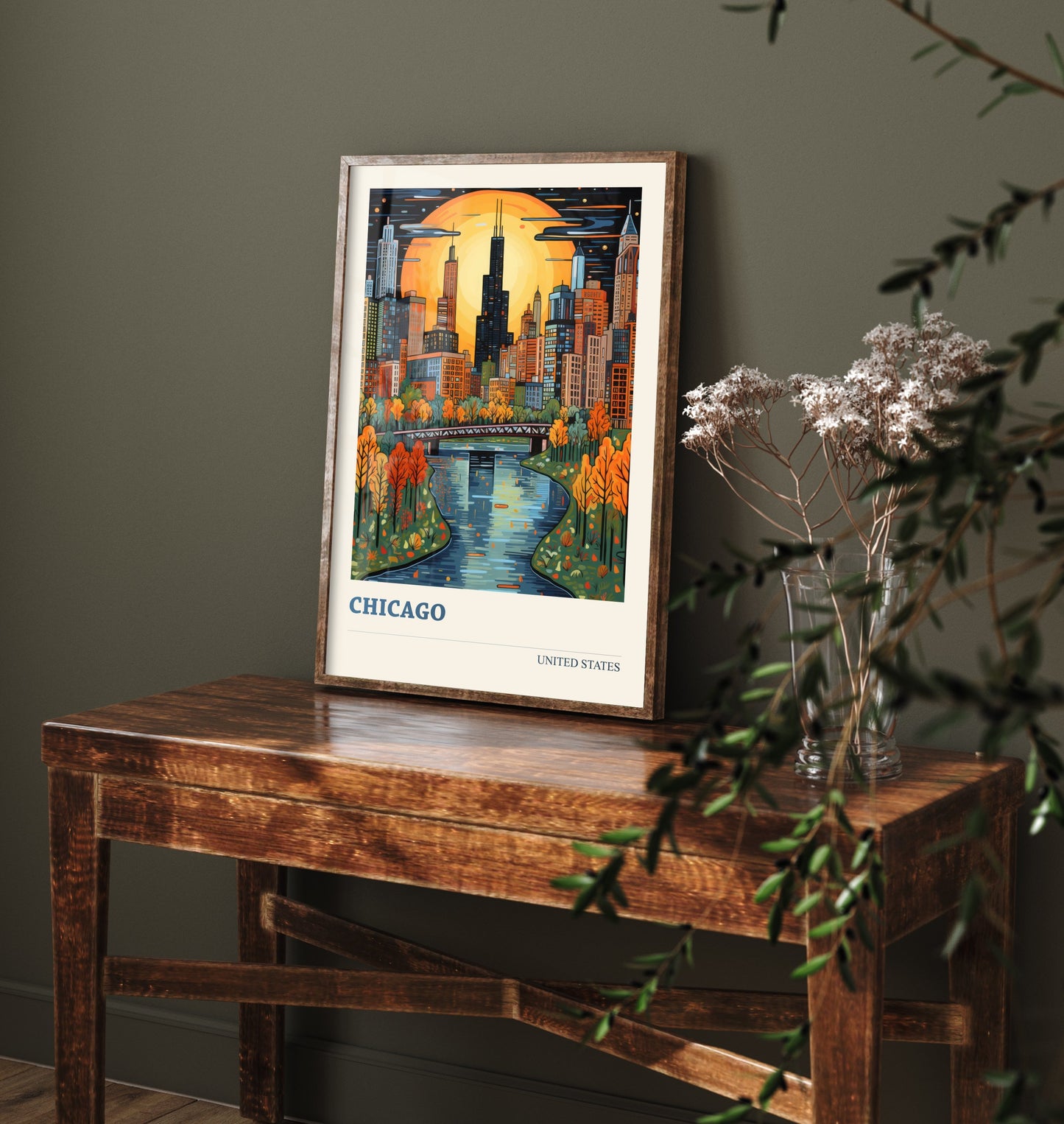 Chicago Travel Poster - USA Art Print - Vibrant City Illustration - Skyline and River