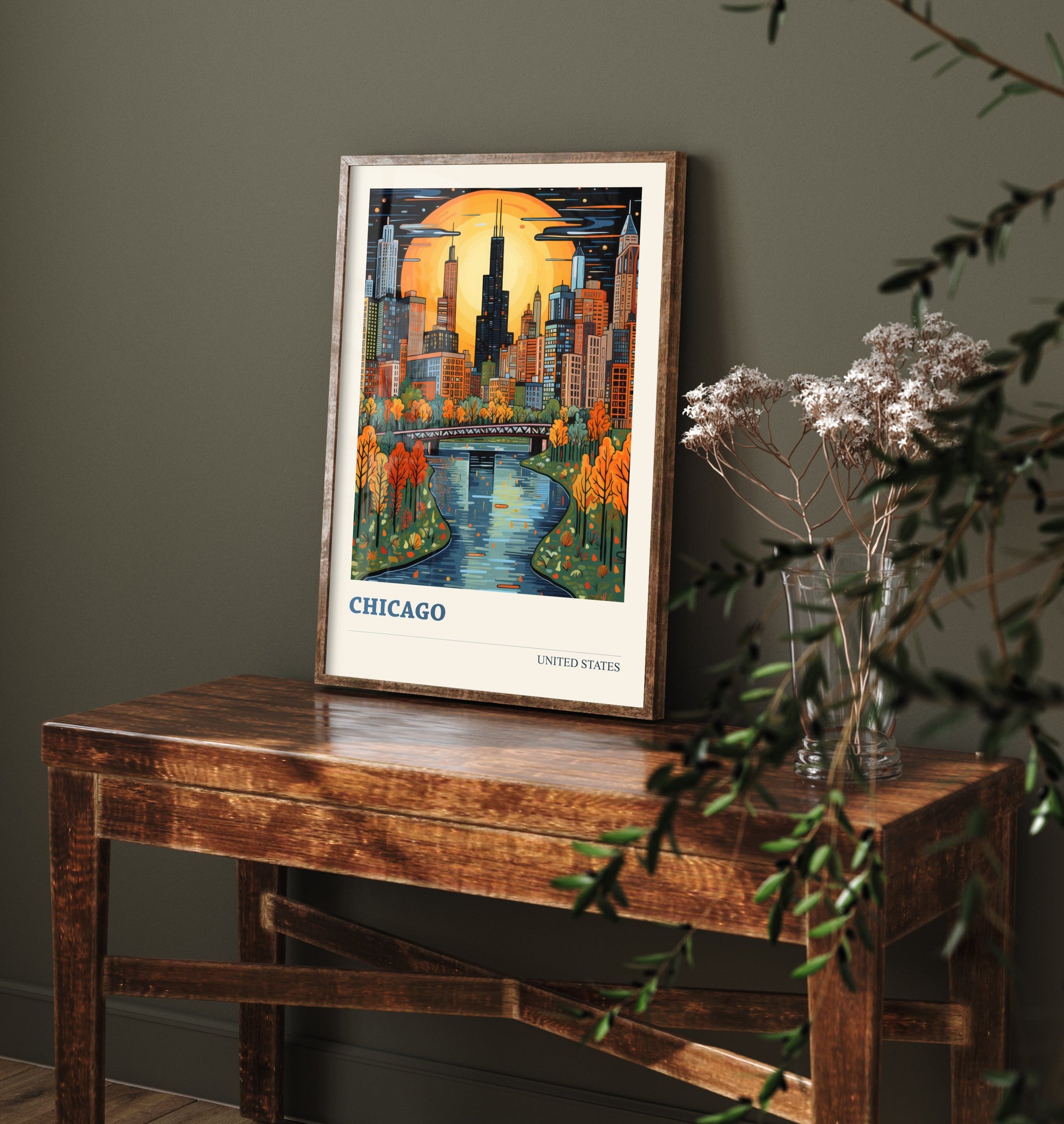 Chicago Travel Poster - USA Art Print - Vibrant City Illustration - Skyline and River