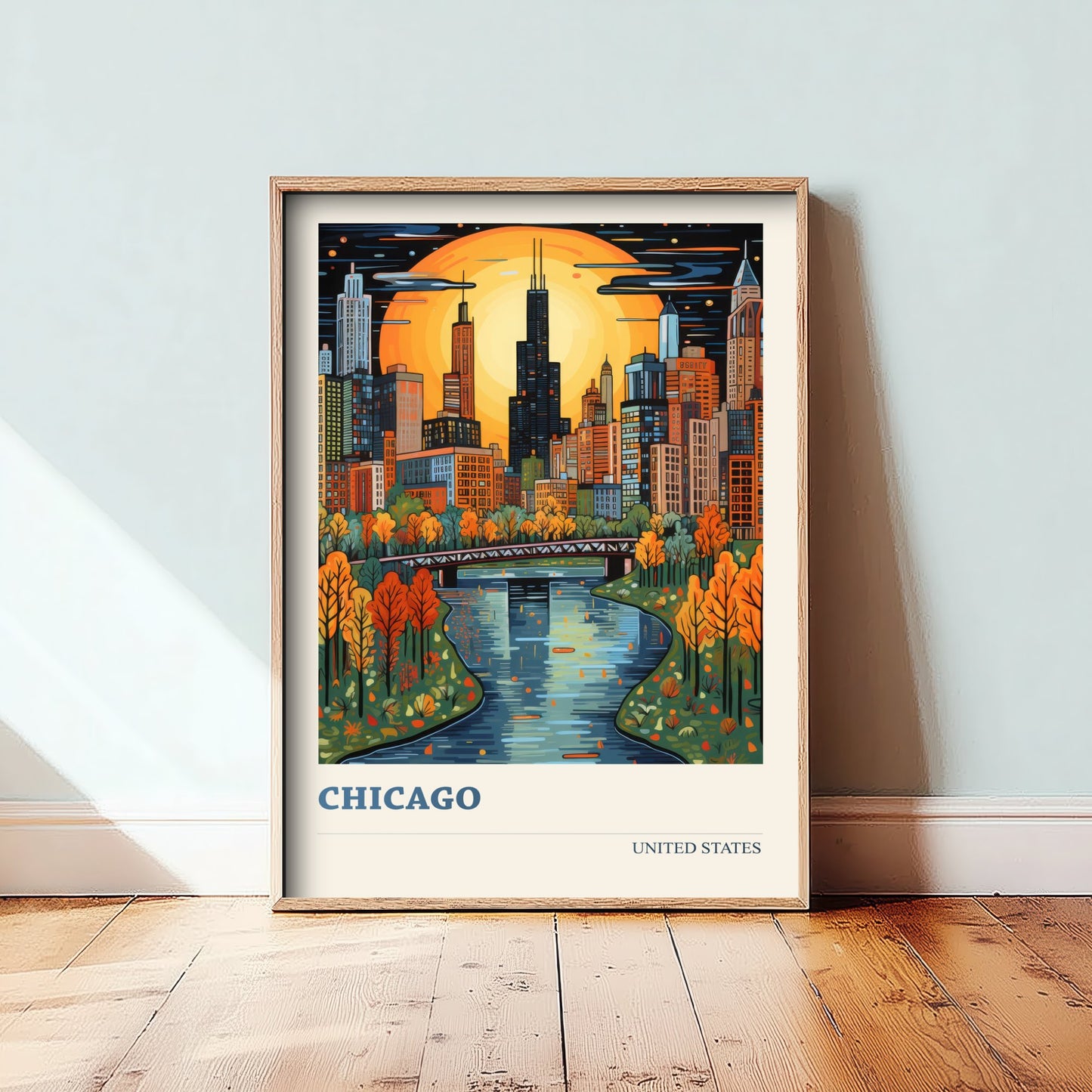 Chicago Travel Poster - USA Art Print - Vibrant City Illustration - Skyline and River