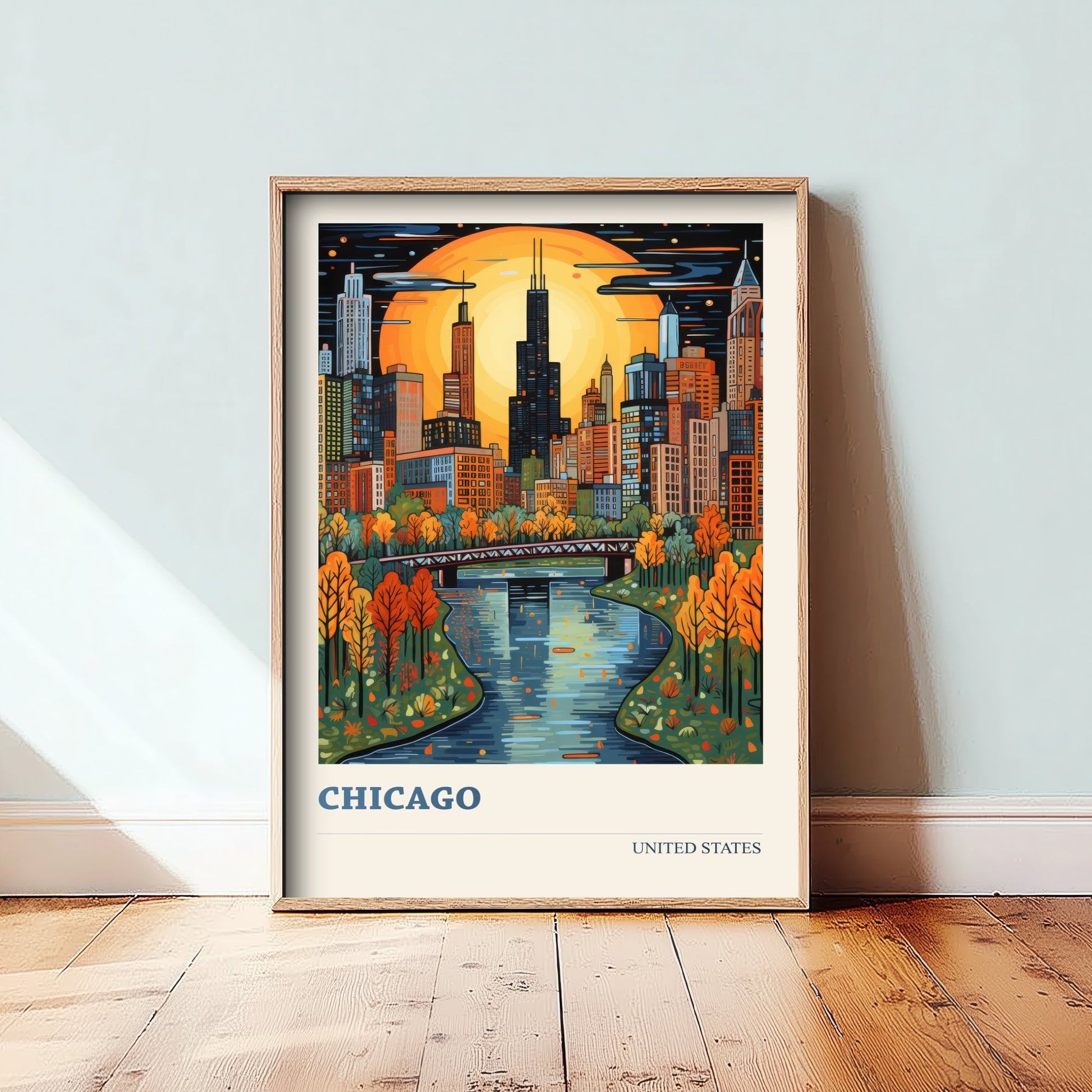 Chicago Travel Poster - USA Art Print - Vibrant City Illustration - Skyline and River
