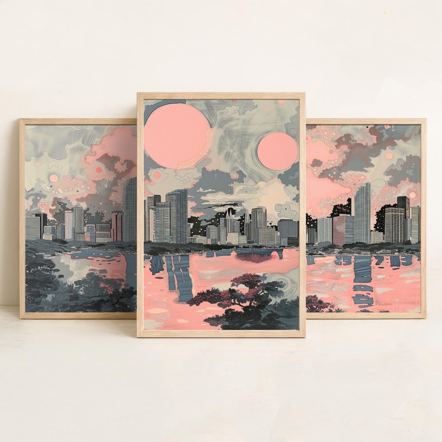 Miami USA Set of Three Art Prints | Skyline Bay Wall Art | Pink Grey Poster Illustration