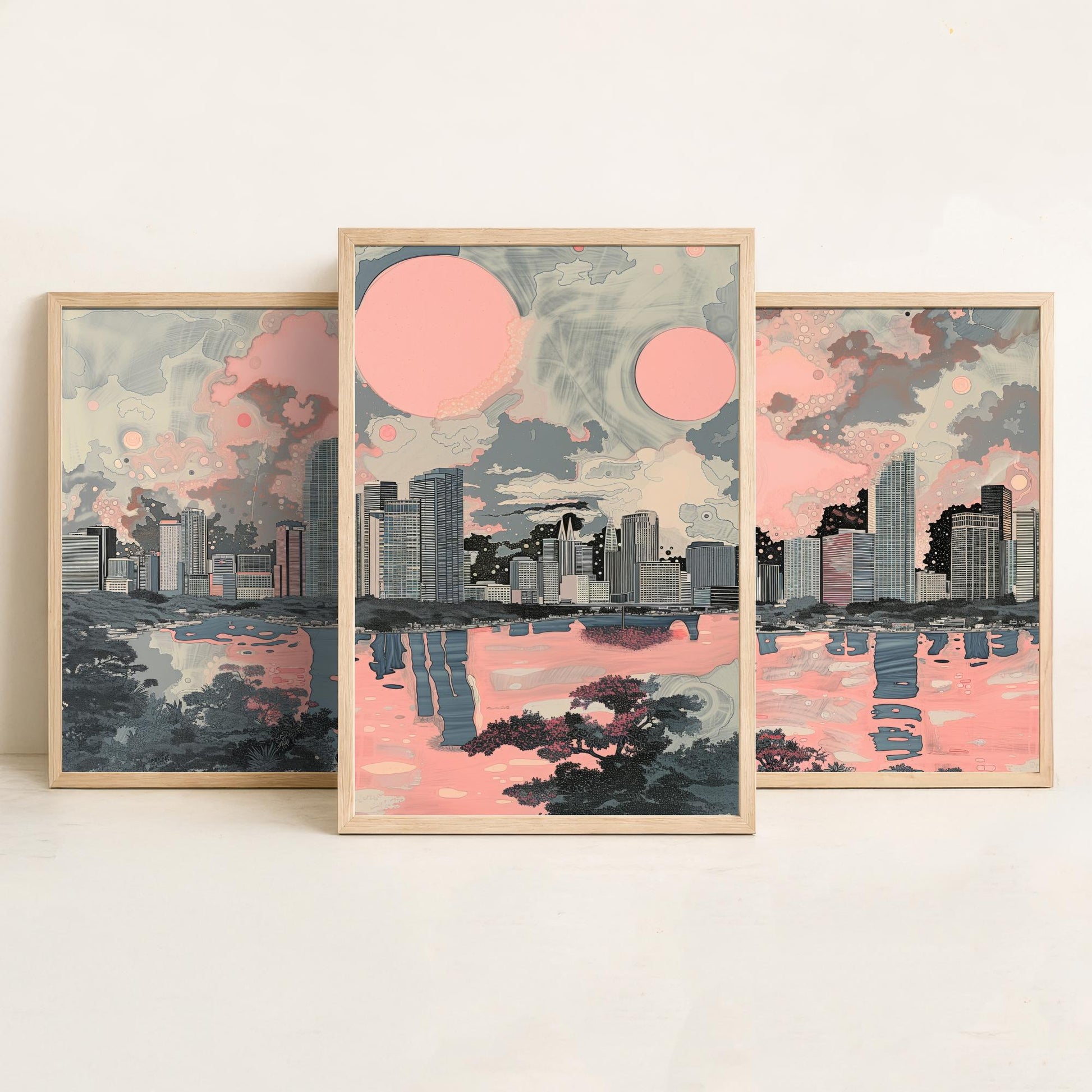 Miami USA Set of Three Art Prints | Skyline Bay Wall Art | Pink Grey Poster Illustration