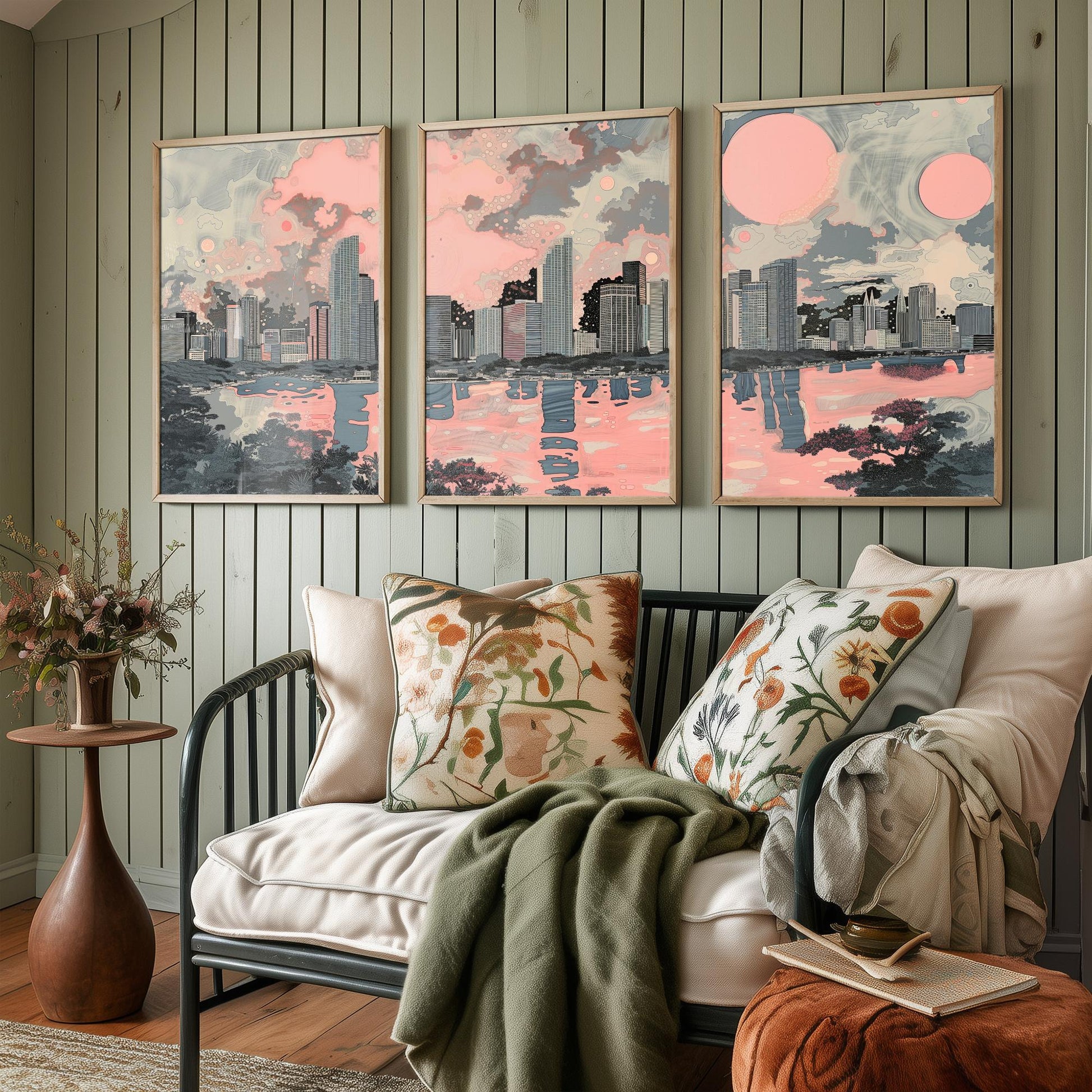 Miami USA Set of Three Art Prints | Skyline Bay Wall Art | Pink Grey Poster Illustration