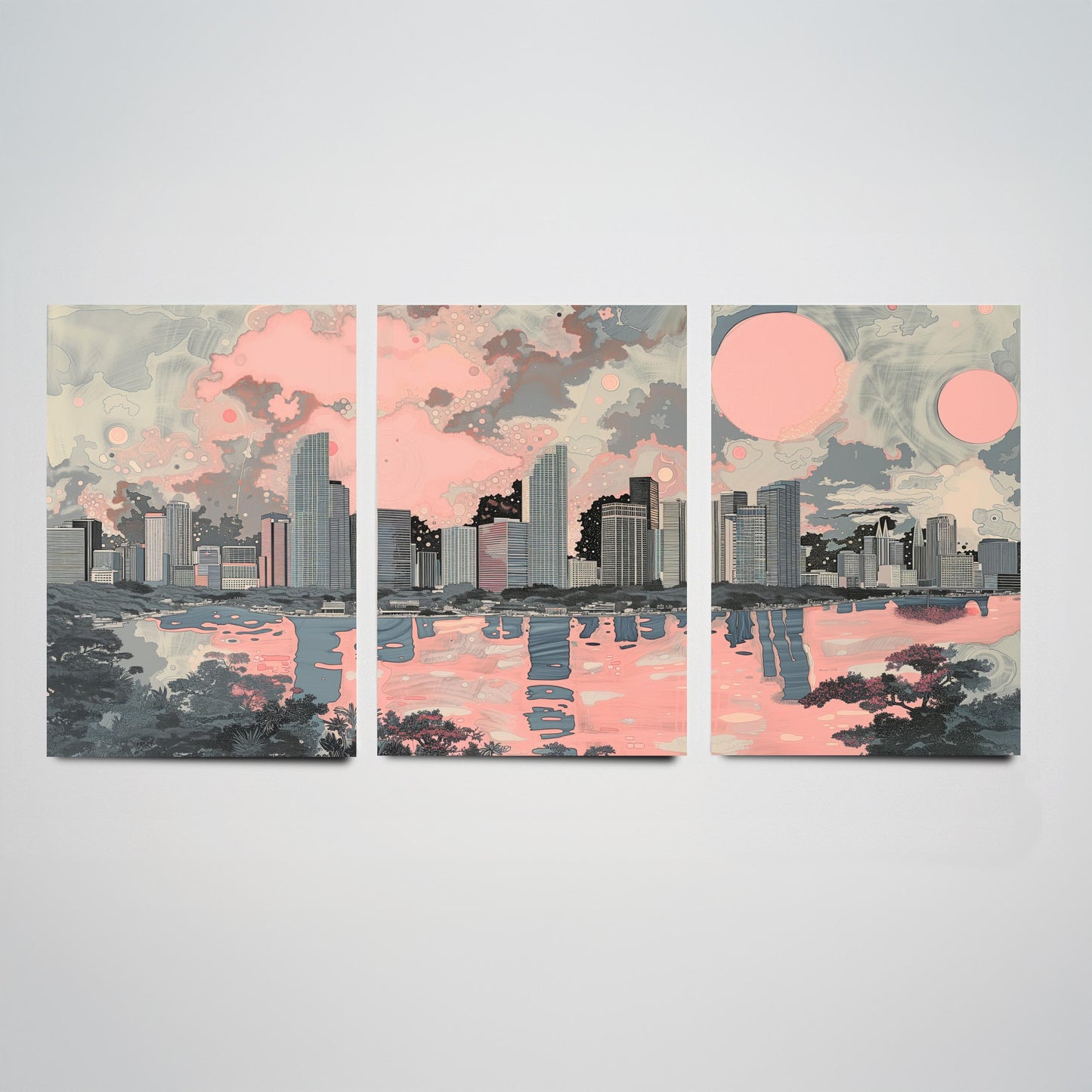 Miami USA Set of Three Art Prints | Skyline Bay Wall Art | Pink Grey Poster Illustration
