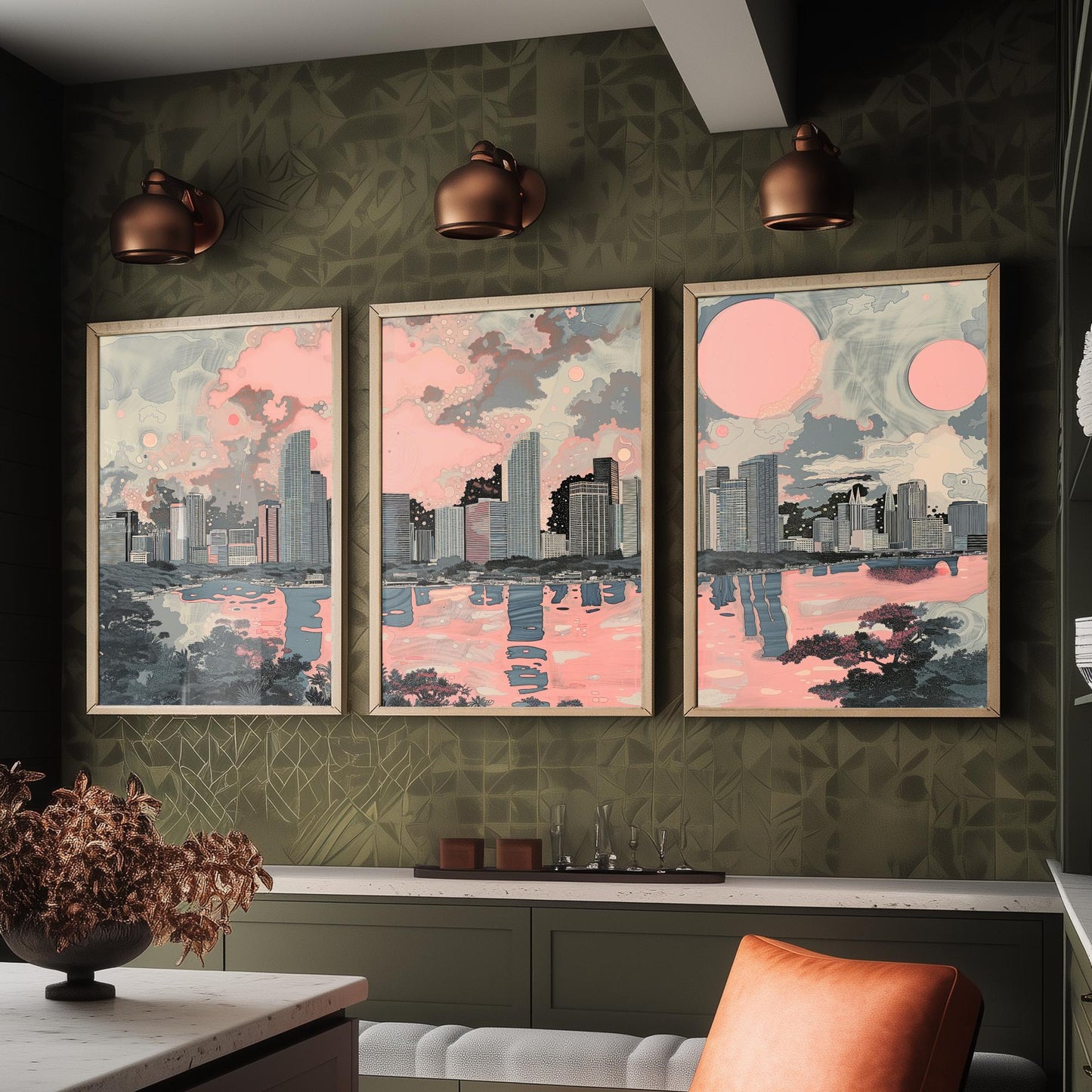 Miami USA Set of Three Art Prints | Skyline Bay Wall Art | Pink Grey Poster Illustration
