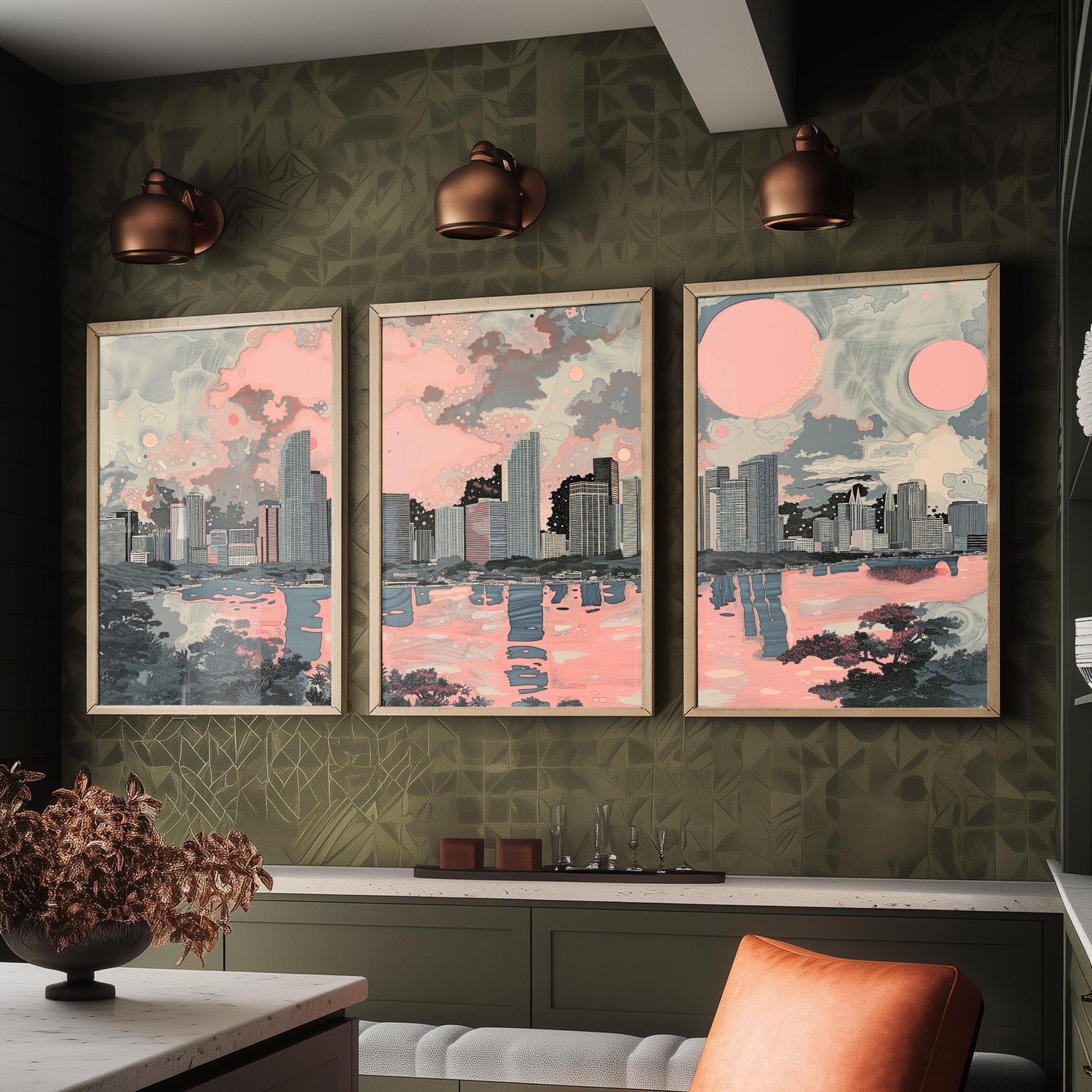 Miami USA Set of Three Art Prints | Skyline Bay Wall Art | Pink Grey Poster Illustration
