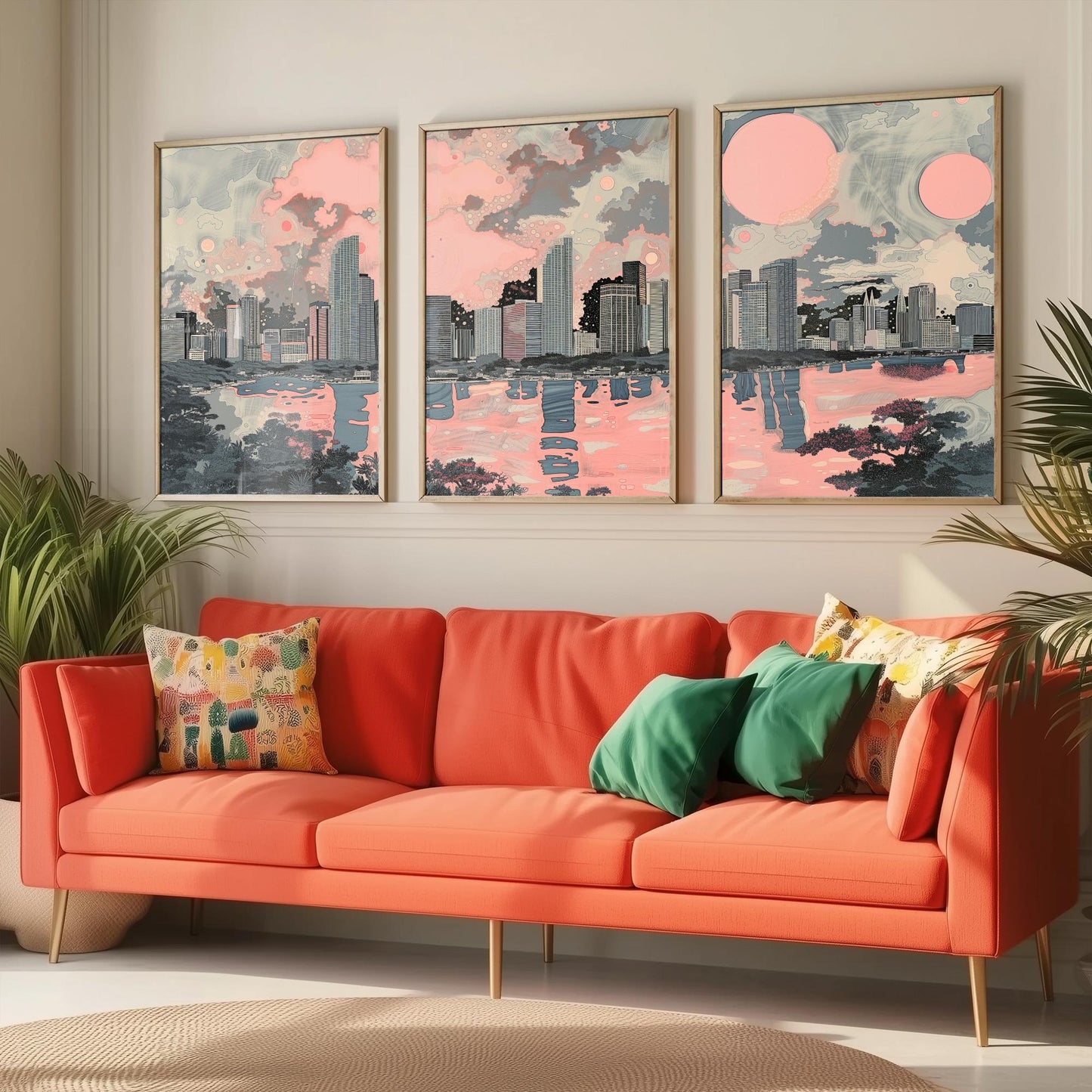 Miami USA Set of Three Art Prints | Skyline Bay Wall Art | Pink Grey Poster Illustration