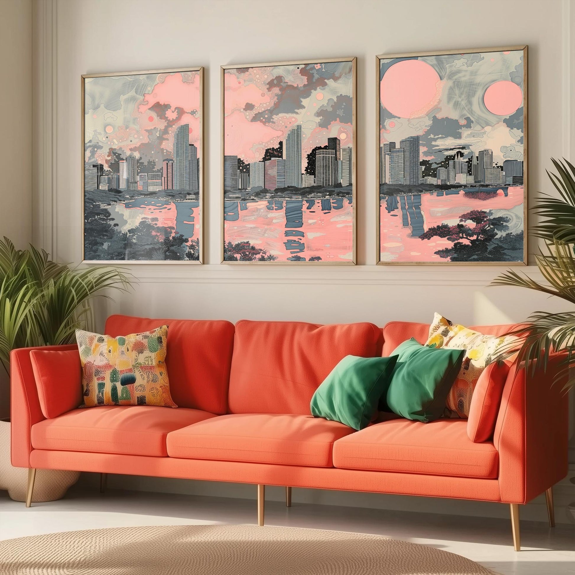 Miami USA Set of Three Art Prints | Skyline Bay Wall Art | Pink Grey Poster Illustration