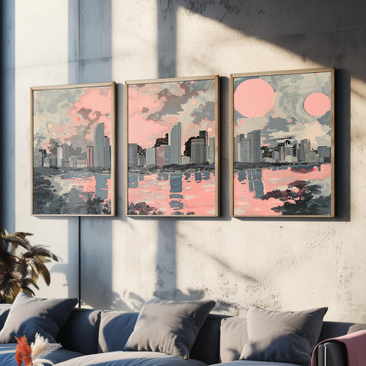 Miami USA Set of Three Art Prints | Skyline Bay Wall Art | Pink Grey Poster Illustration
