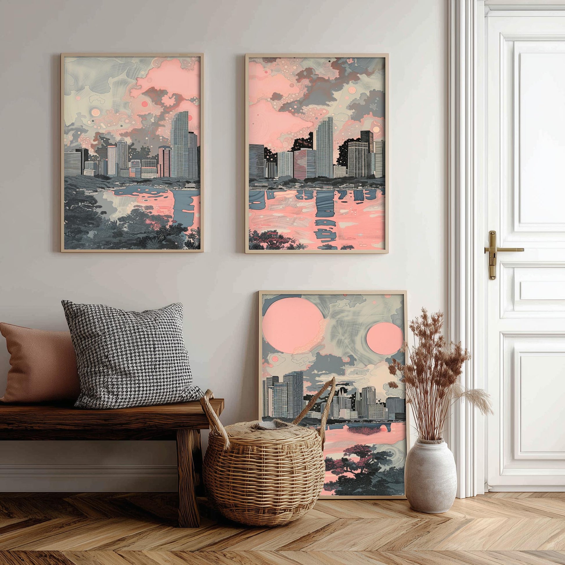 Miami USA Set of Three Art Prints | Skyline Bay Wall Art | Pink Grey Poster Illustration