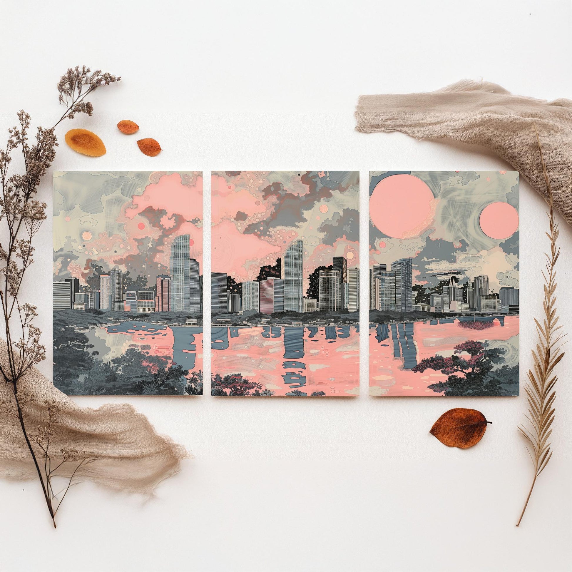 Miami USA Set of Three Art Prints | Skyline Bay Wall Art | Pink Grey Poster Illustration