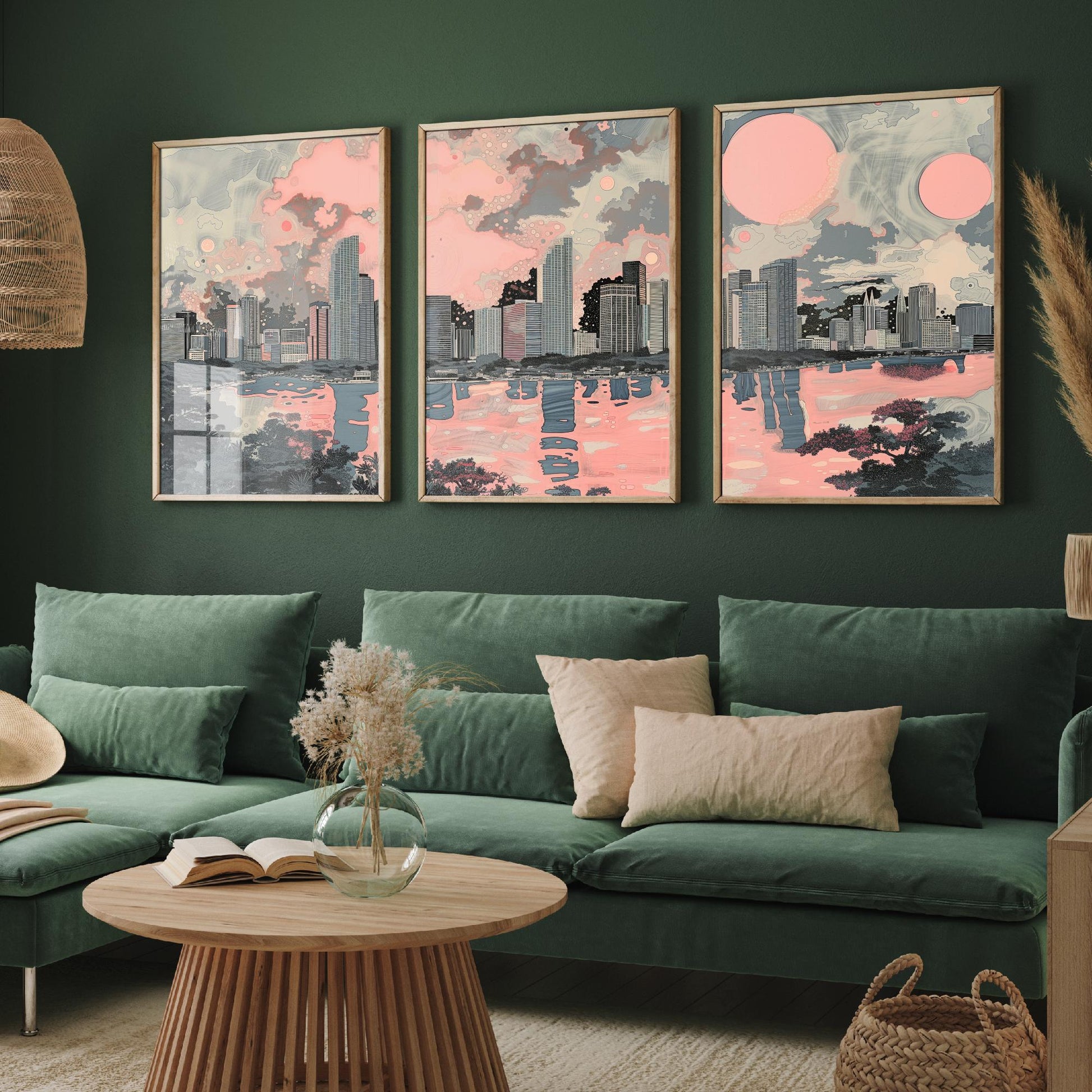 Miami USA Set of Three Art Prints | Skyline Bay Wall Art | Pink Grey Poster Illustration