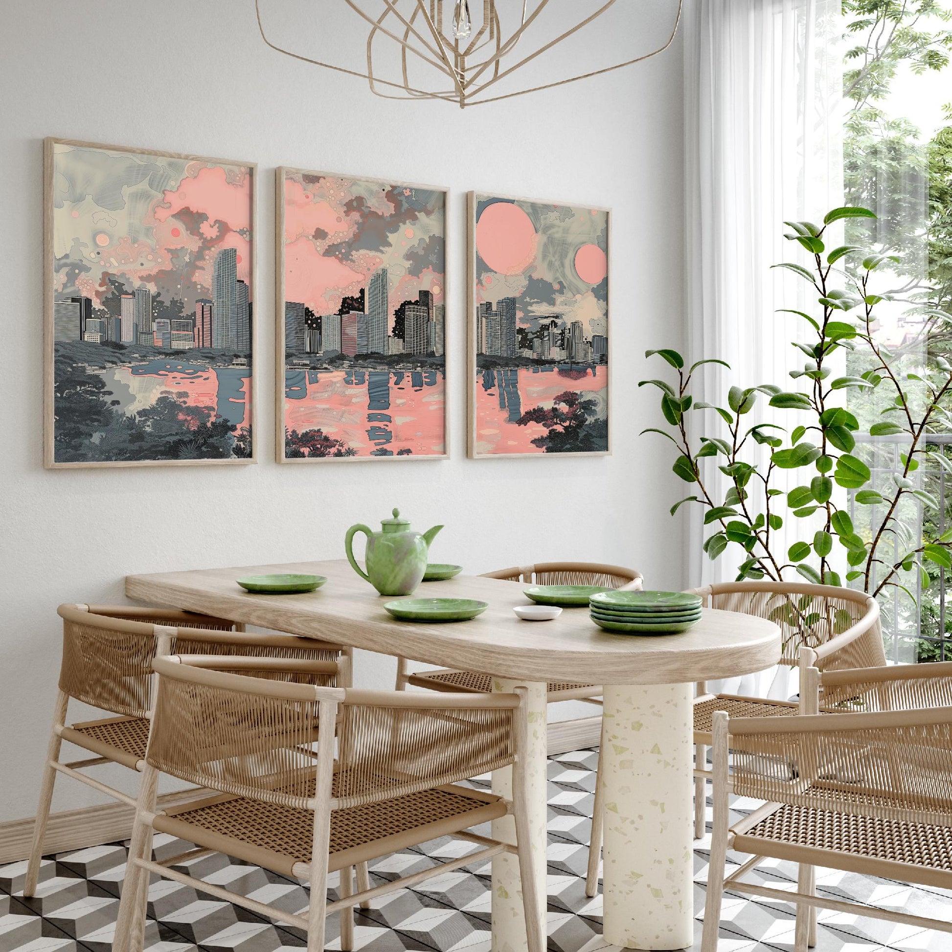 Miami USA Set of Three Art Prints | Skyline Bay Wall Art | Pink Grey Poster Illustration