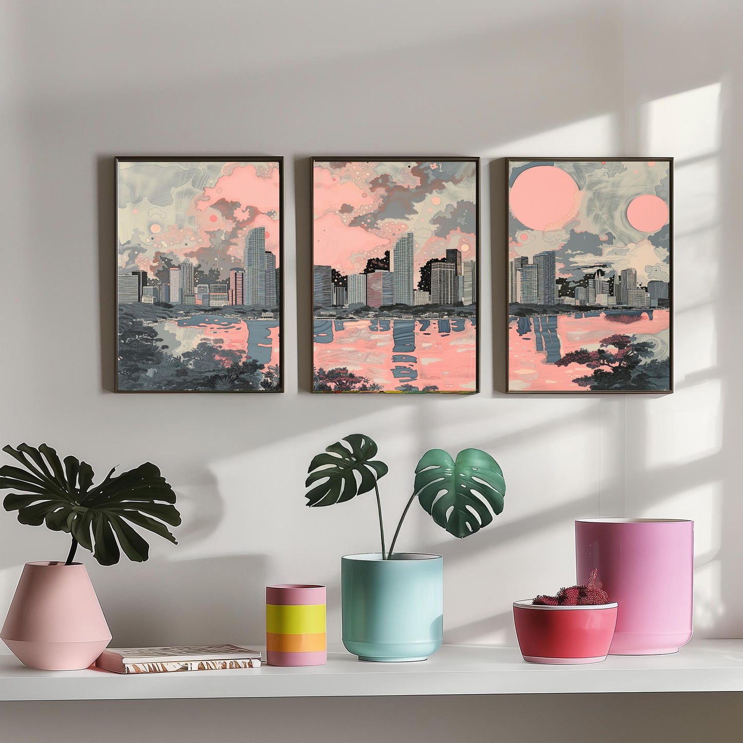Miami USA Set of Three Art Prints | Skyline Bay Wall Art | Pink Grey Poster Illustration