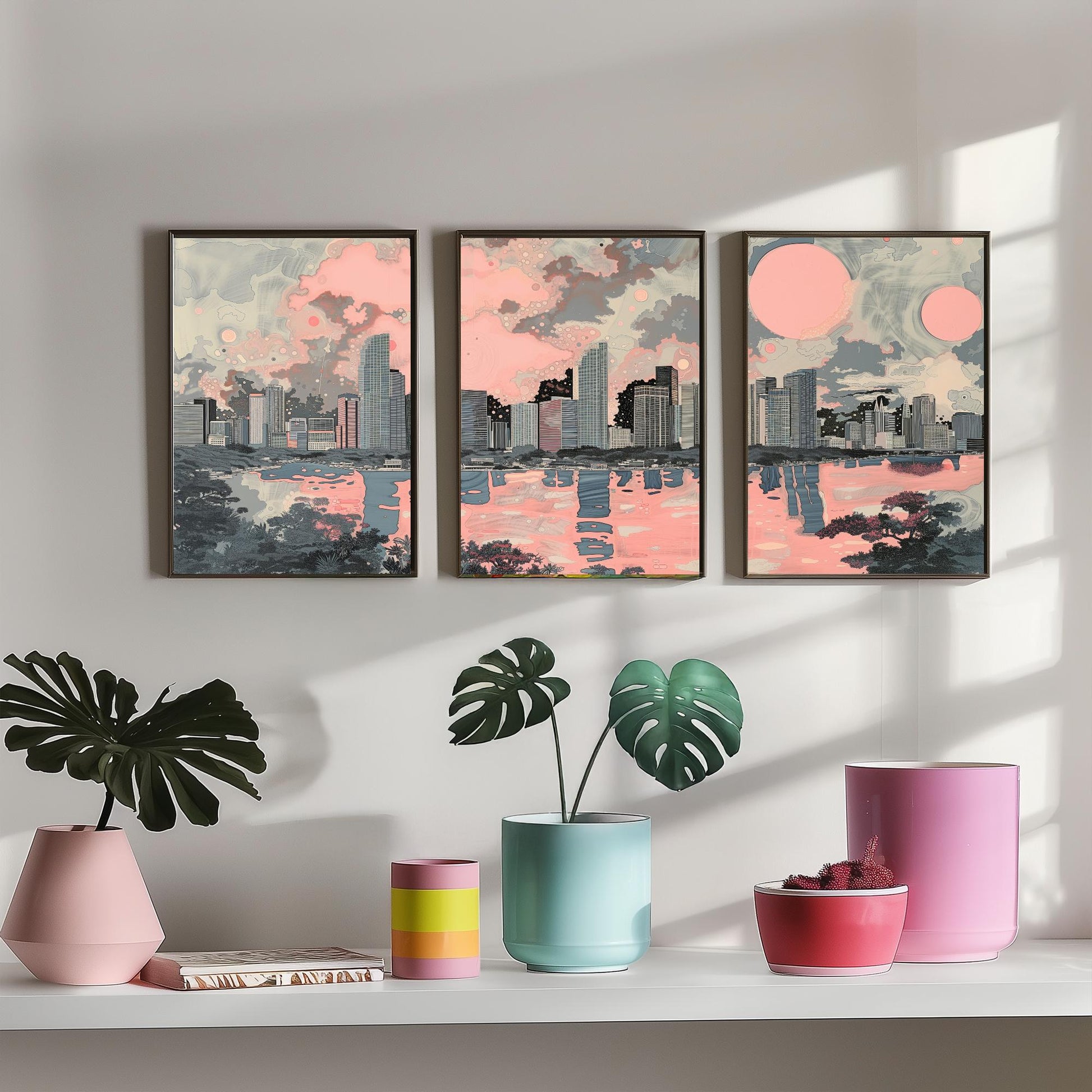 Miami USA Set of Three Art Prints | Skyline Bay Wall Art | Pink Grey Poster Illustration