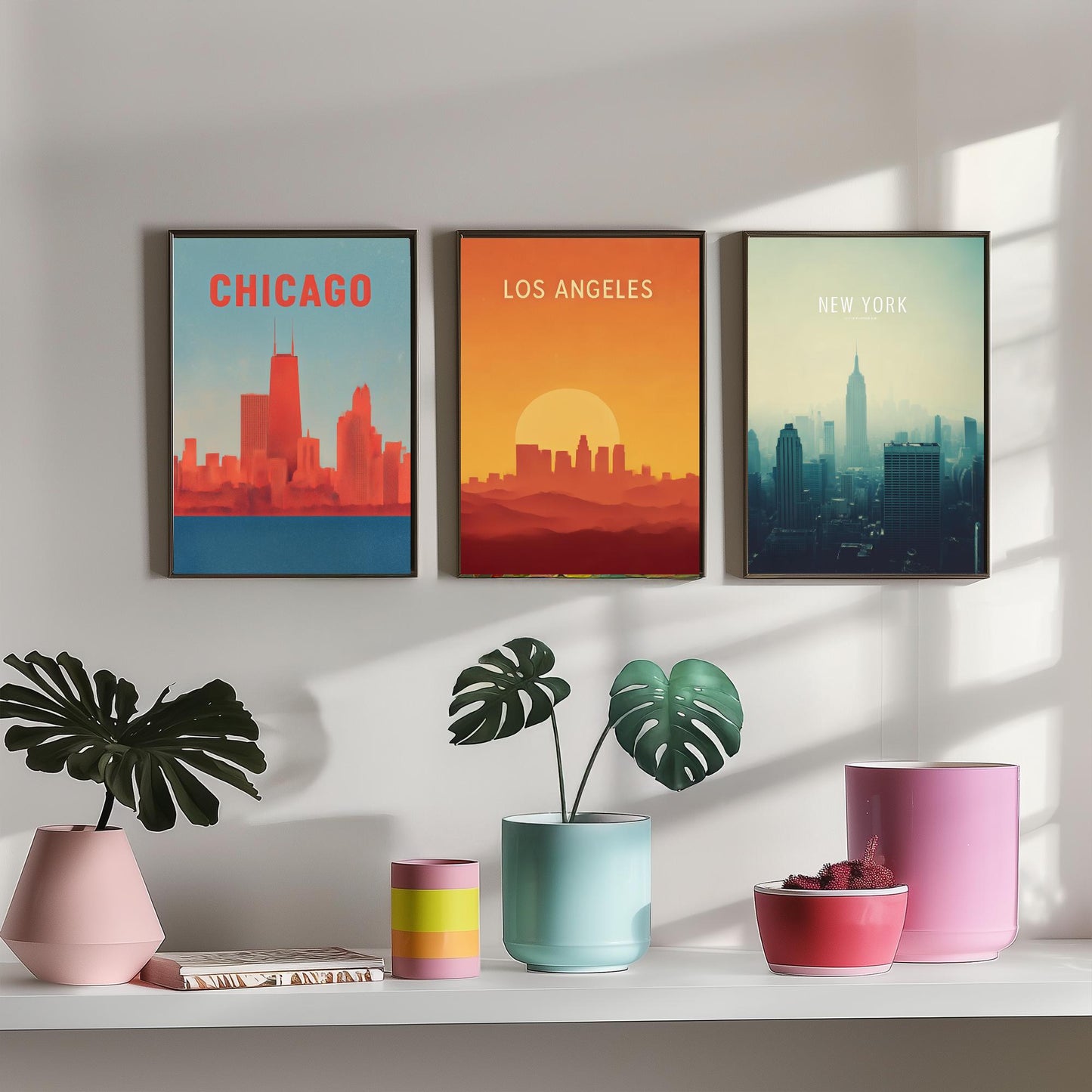 Chicago Los Angeles New York Set of Three Art Prints | USA Skyline Wall Art | Minimalist Poster Illustration