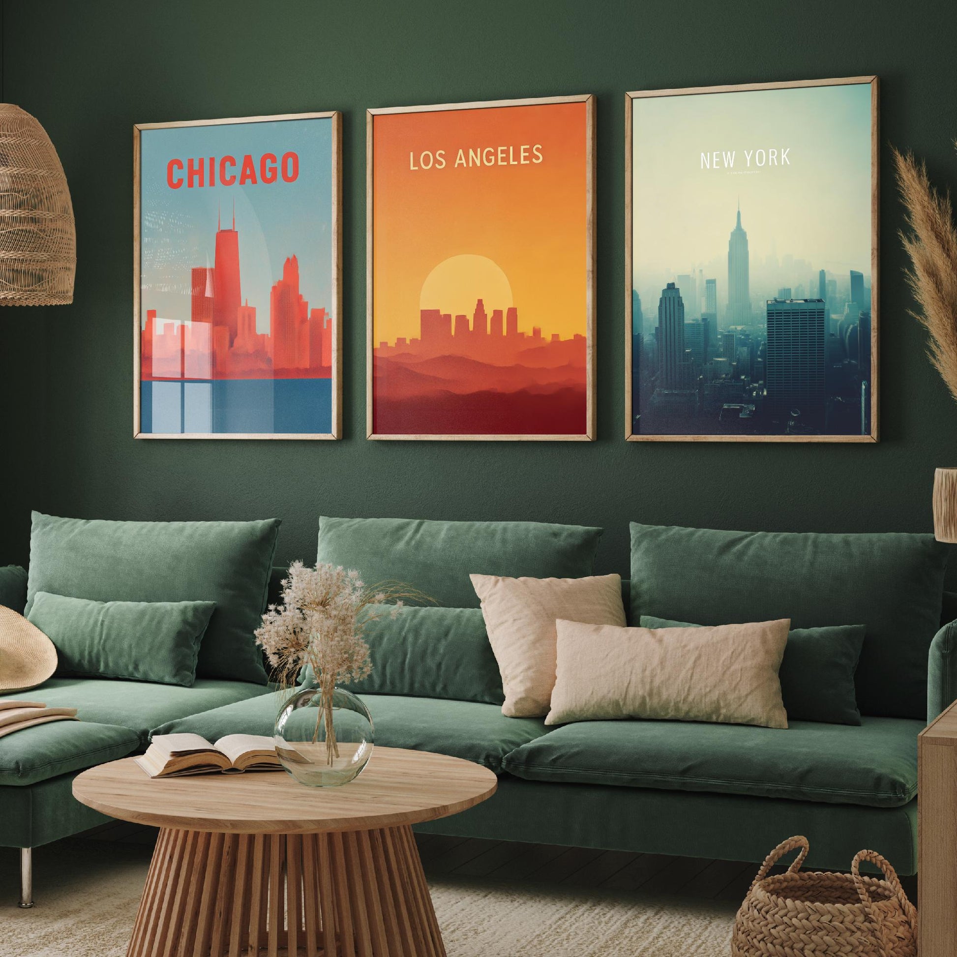 Chicago Los Angeles New York Set of Three Art Prints | USA Skyline Wall Art | Minimalist Poster Illustration