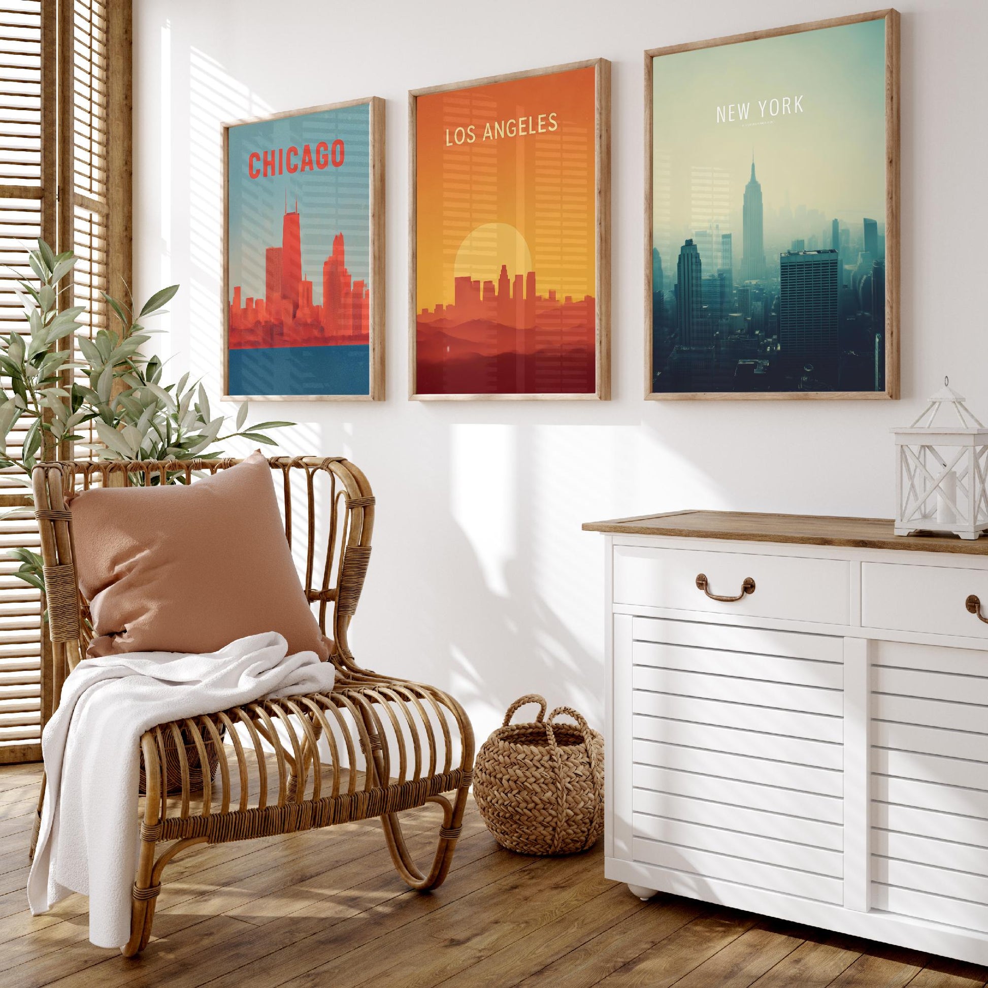 Chicago Los Angeles New York Set of Three Art Prints | USA Skyline Wall Art | Minimalist Poster Illustration