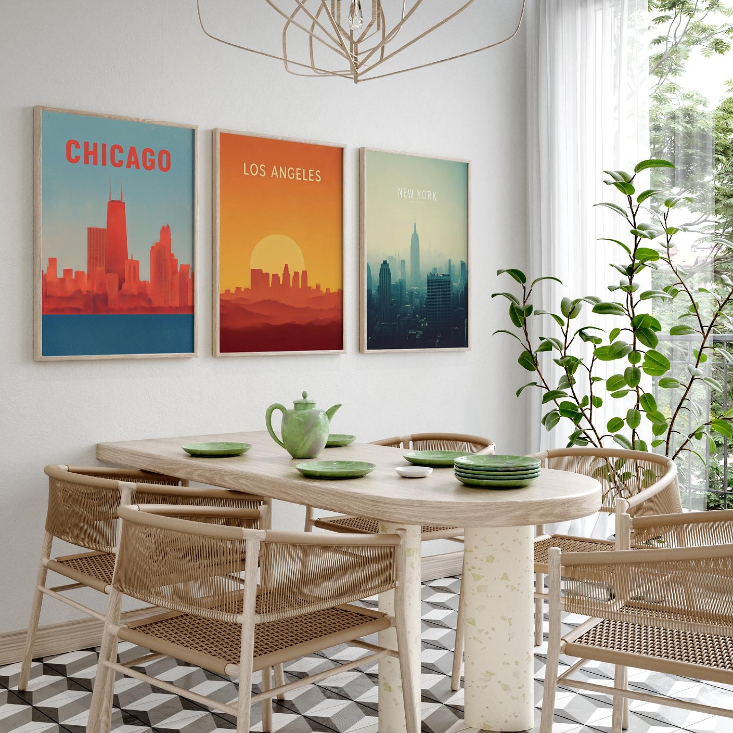 Chicago Los Angeles New York Set of Three Art Prints | USA Skyline Wall Art | Minimalist Poster Illustration