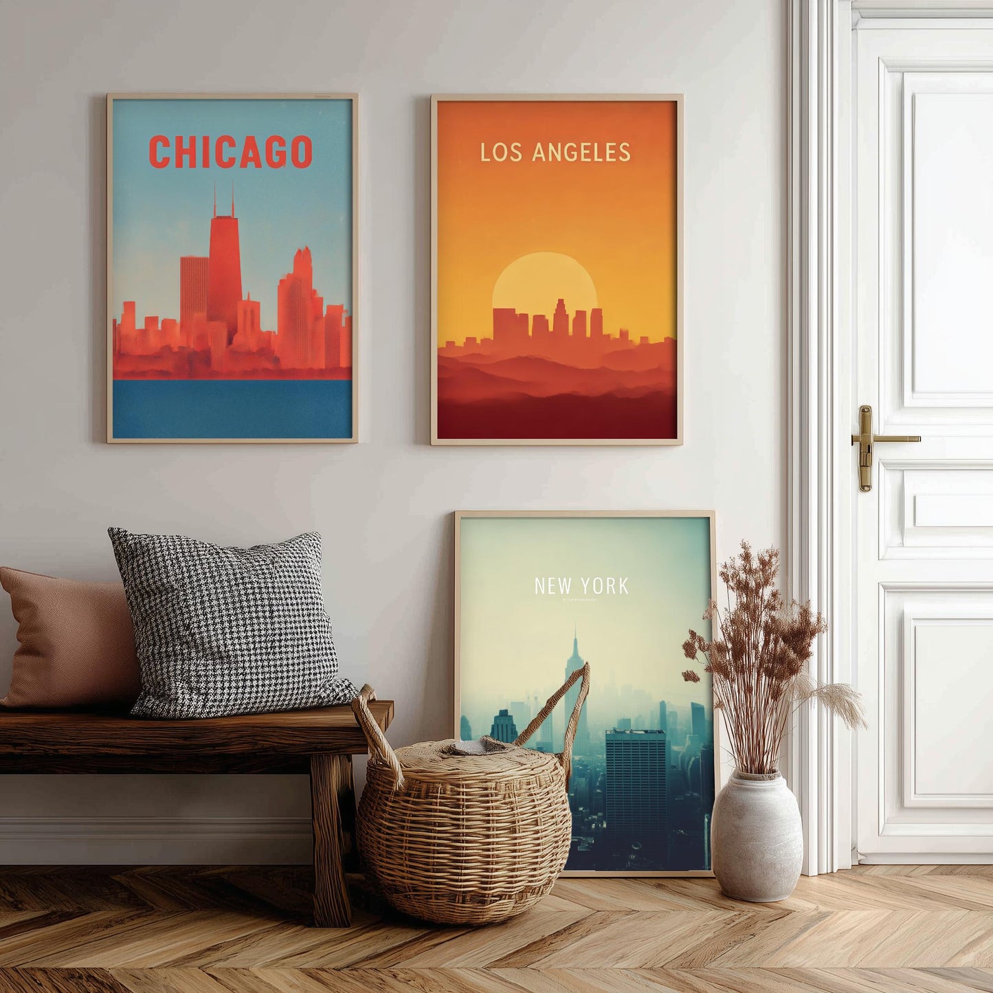 Chicago Los Angeles New York Set of Three Art Prints | USA Skyline Wall Art | Minimalist Poster Illustration