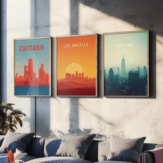 Chicago Los Angeles New York Set of Three Art Prints | USA Skyline Wall Art | Minimalist Poster Illustration