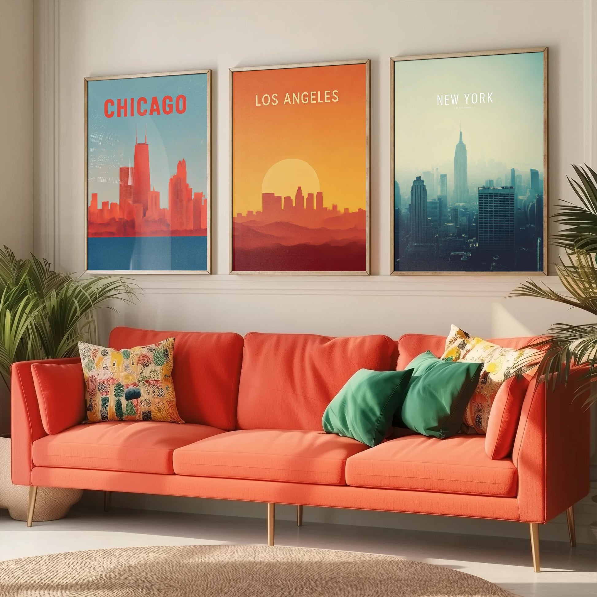 Chicago Los Angeles New York Set of Three Art Prints | USA Skyline Wall Art | Minimalist Poster Illustration