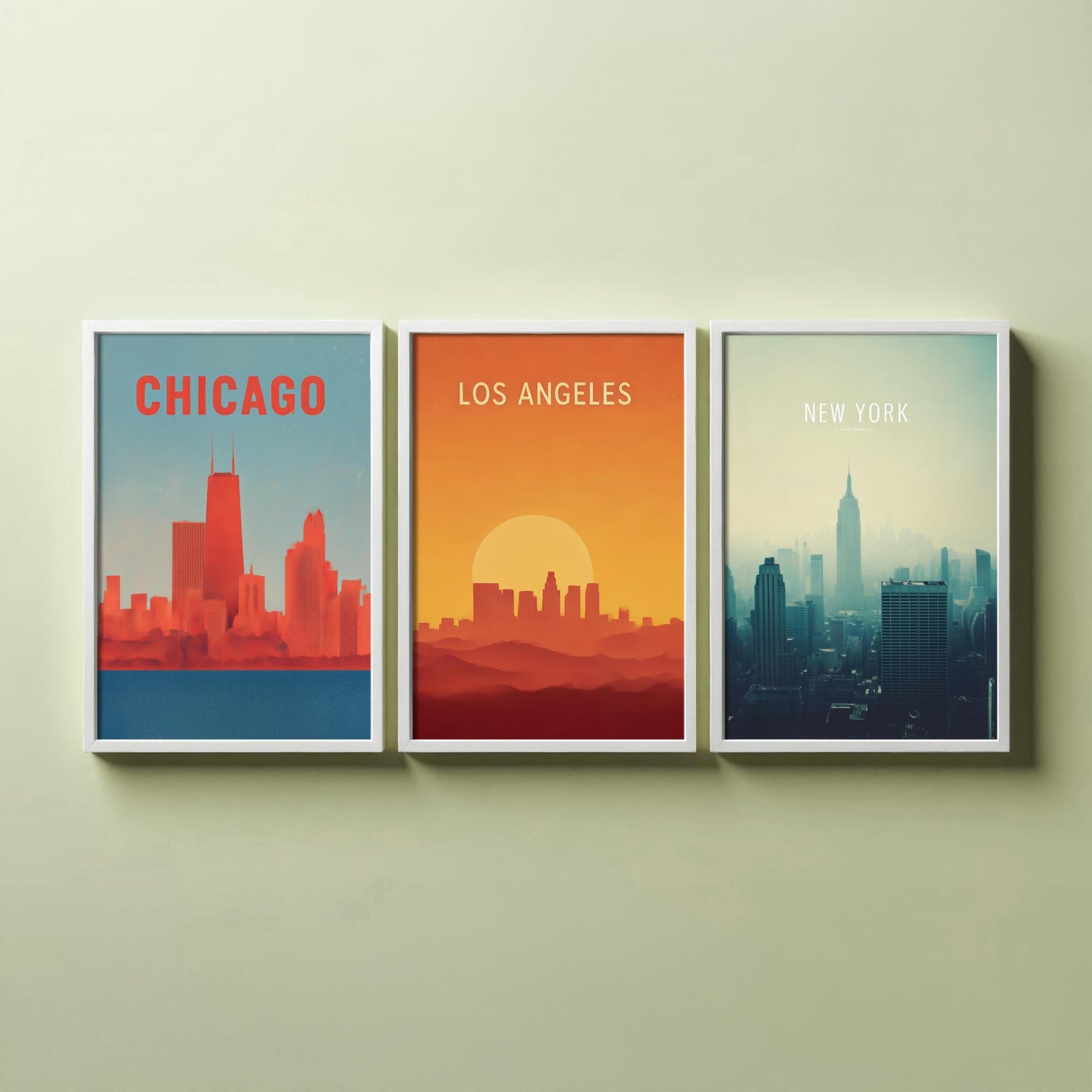 Chicago Los Angeles New York Set of Three Art Prints | USA Skyline Wall Art | Minimalist Poster Illustration