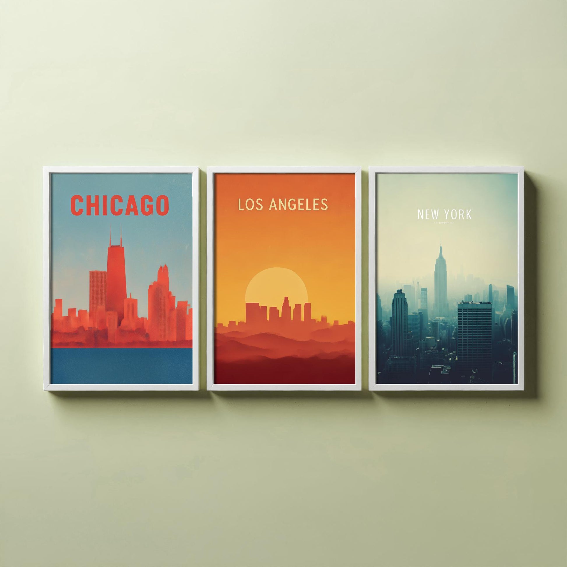 Chicago Los Angeles New York Set of Three Art Prints | USA Skyline Wall Art | Minimalist Poster Illustration