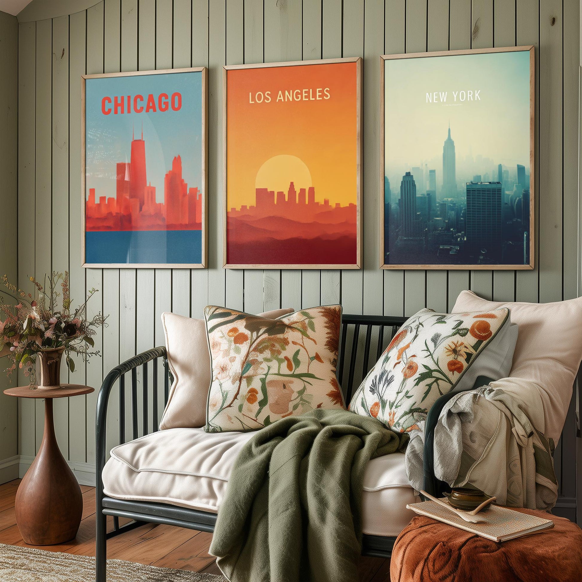Chicago Los Angeles New York Set of Three Art Prints | USA Skyline Wall Art | Minimalist Poster Illustration