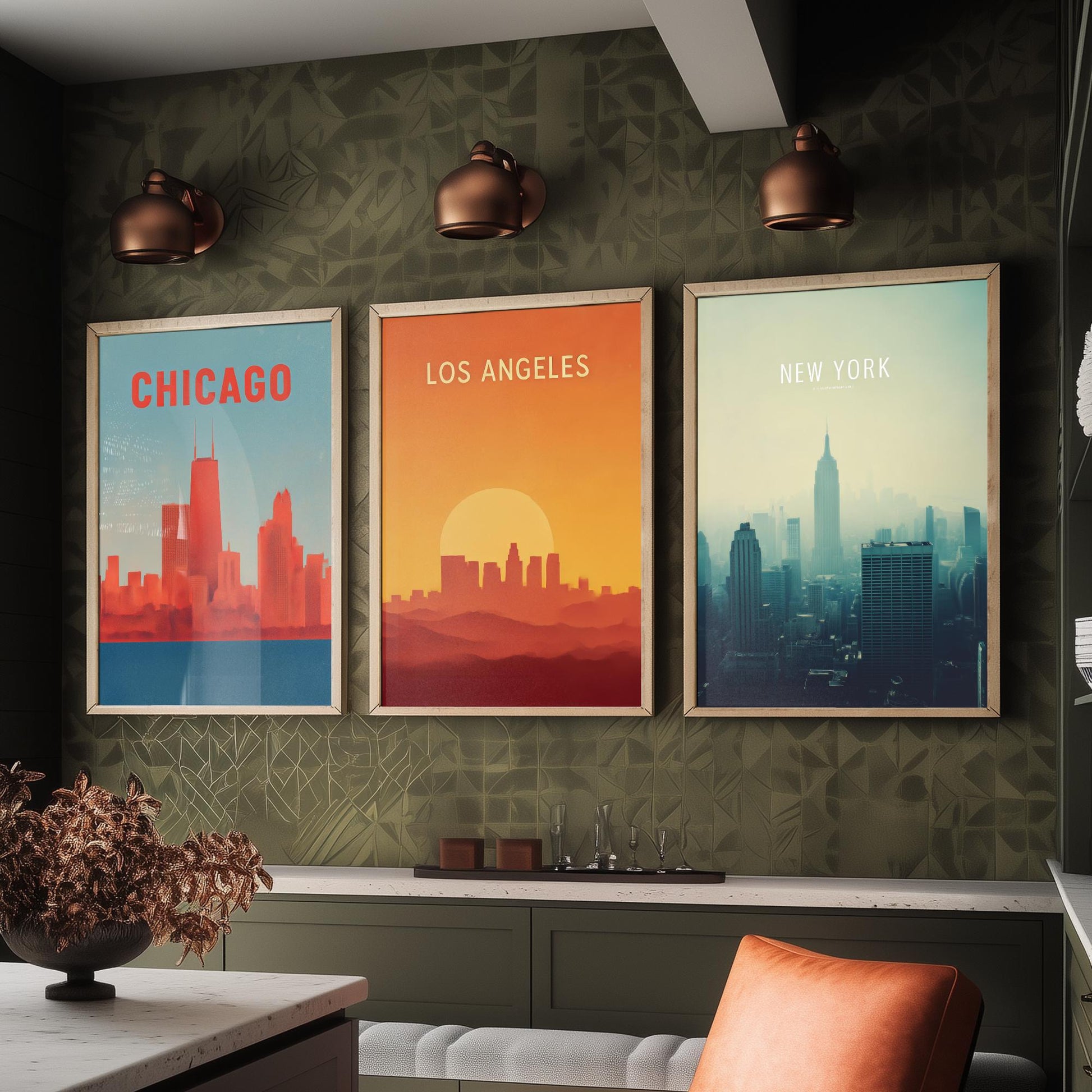 Chicago Los Angeles New York Set of Three Art Prints | USA Skyline Wall Art | Minimalist Poster Illustration