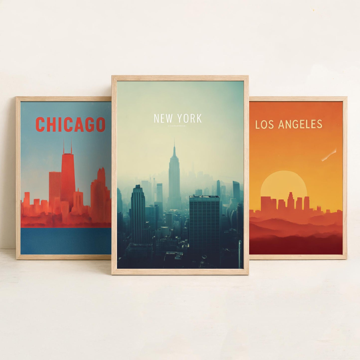 Chicago Los Angeles New York Set of Three Art Prints | USA Skyline Wall Art | Minimalist Poster Illustration