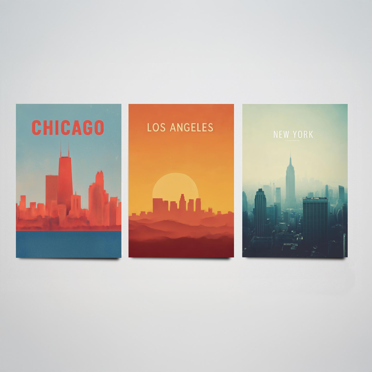 Chicago Los Angeles New York Set of Three Art Prints | USA Skyline Wall Art | Minimalist Poster Illustration