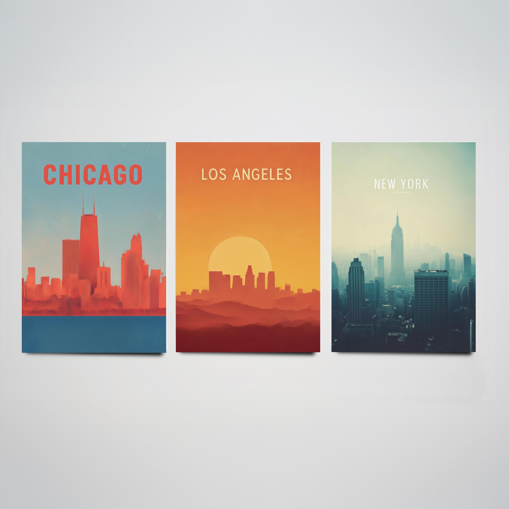 Chicago Los Angeles New York Set of Three Art Prints | USA Skyline Wall Art | Minimalist Poster Illustration