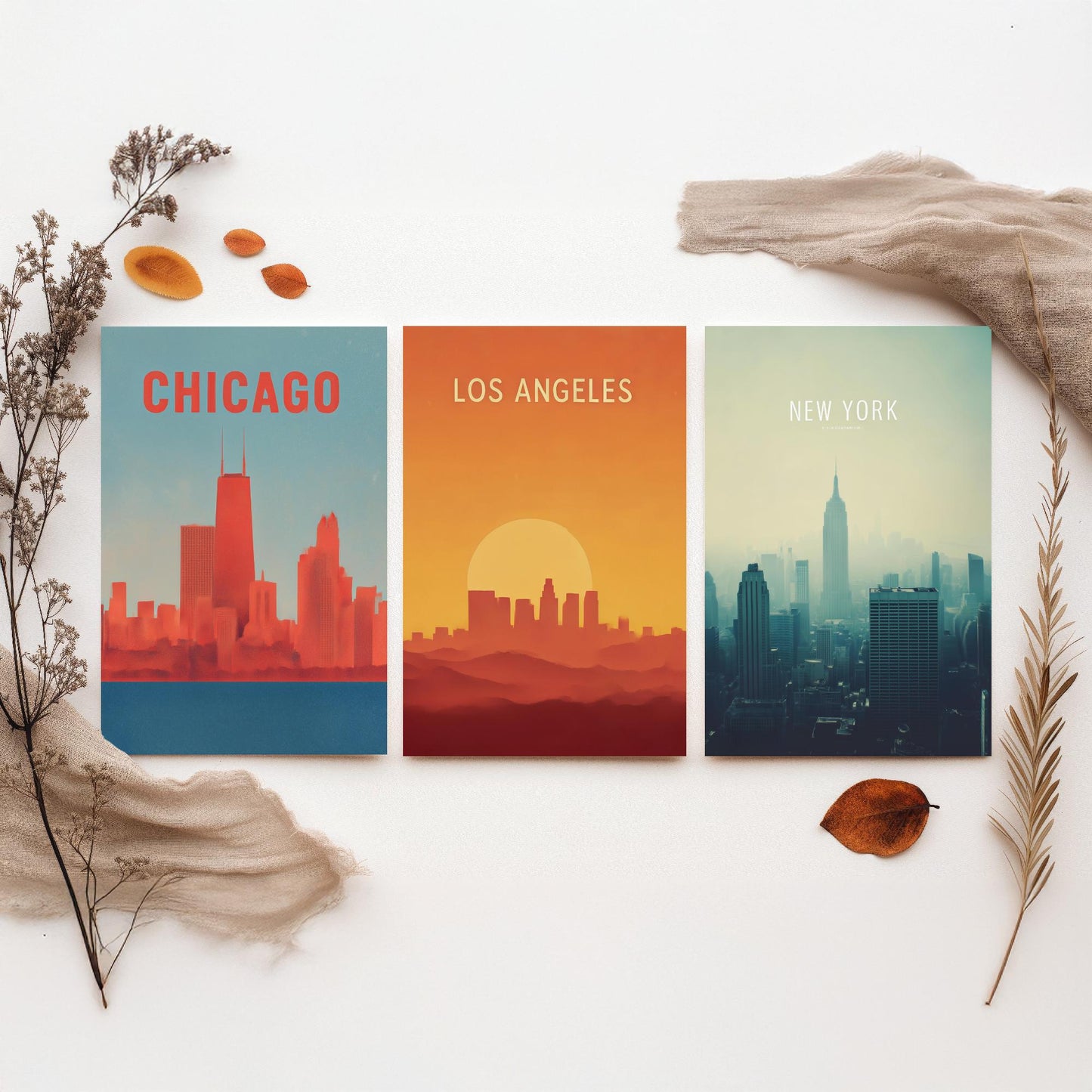 Chicago Los Angeles New York Set of Three Art Prints | USA Skyline Wall Art | Minimalist Poster Illustration