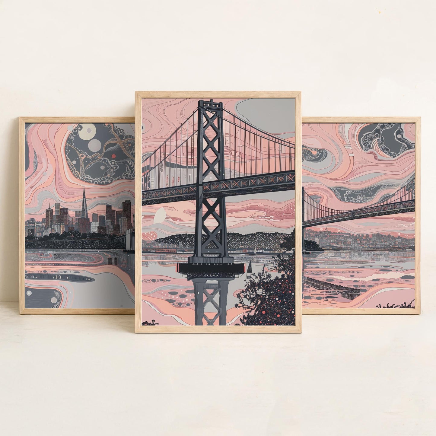 San Francisco USA Set of Three Art Prints | Golden Gate Bridge Wall Art | Pink Grey Poster Illustration