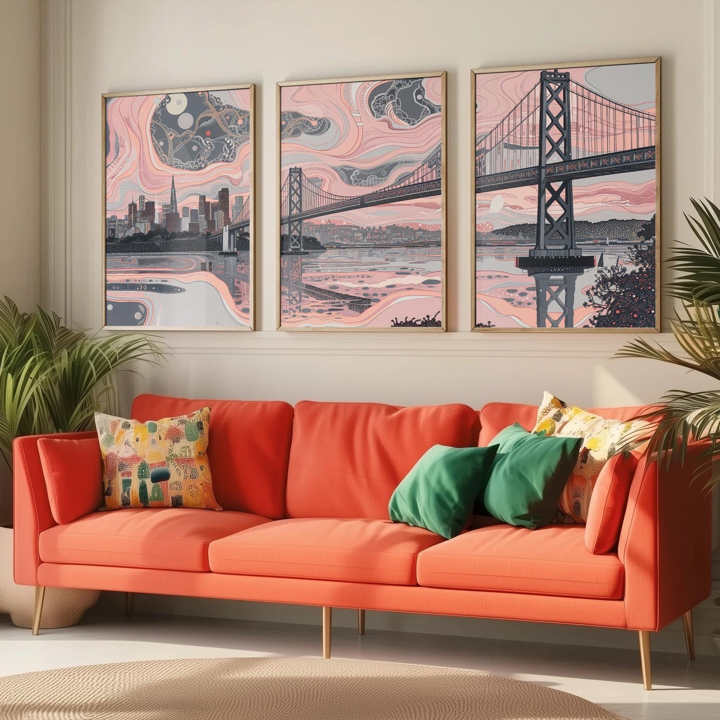 San Francisco USA Set of Three Art Prints | Golden Gate Bridge Wall Art | Pink Grey Poster Illustration
