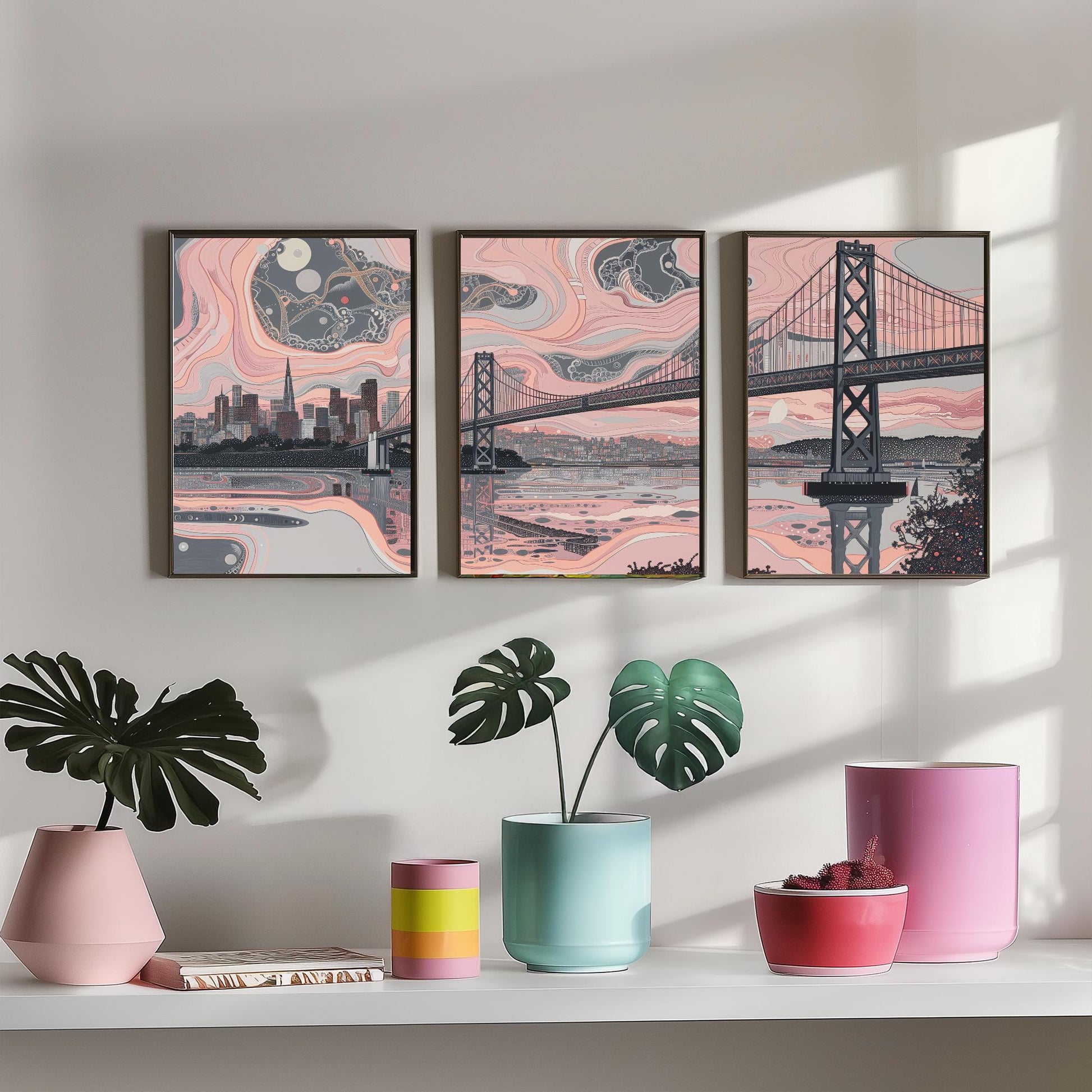 San Francisco USA Set of Three Art Prints | Golden Gate Bridge Wall Art | Pink Grey Poster Illustration