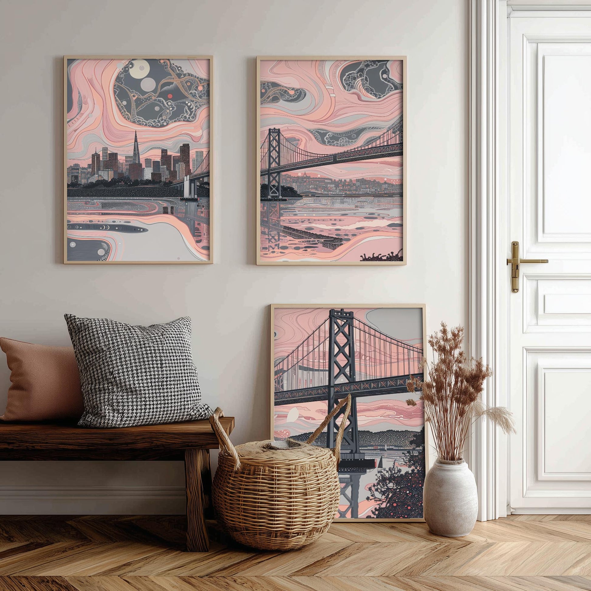 San Francisco USA Set of Three Art Prints | Golden Gate Bridge Wall Art | Pink Grey Poster Illustration