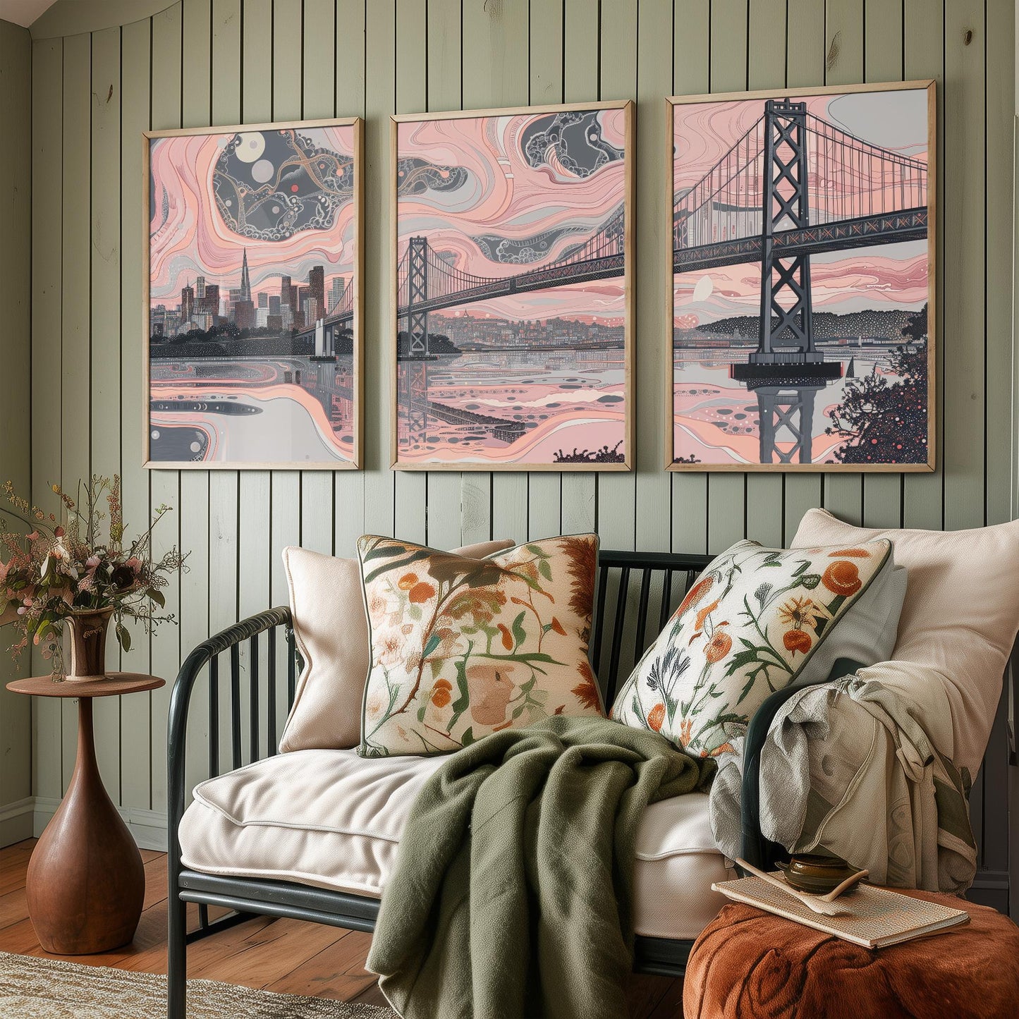San Francisco USA Set of Three Art Prints | Golden Gate Bridge Wall Art | Pink Grey Poster Illustration