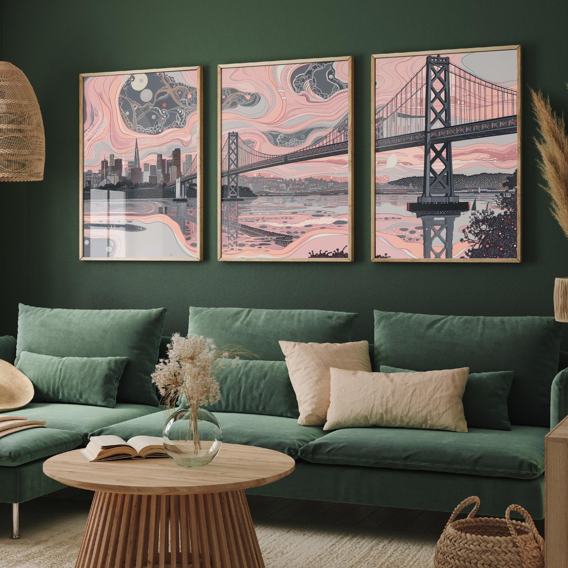 San Francisco USA Set of Three Art Prints | Golden Gate Bridge Wall Art | Pink Grey Poster Illustration