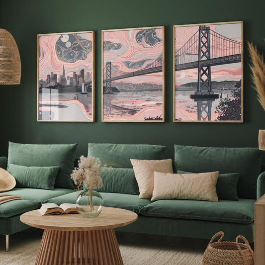 San Francisco USA Set of Three Art Prints | Golden Gate Bridge Wall Art | Pink Grey Poster Illustration