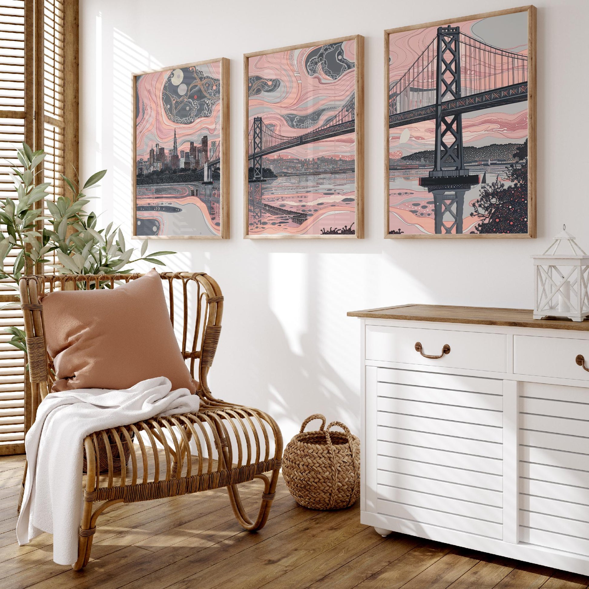 San Francisco USA Set of Three Art Prints | Golden Gate Bridge Wall Art | Pink Grey Poster Illustration