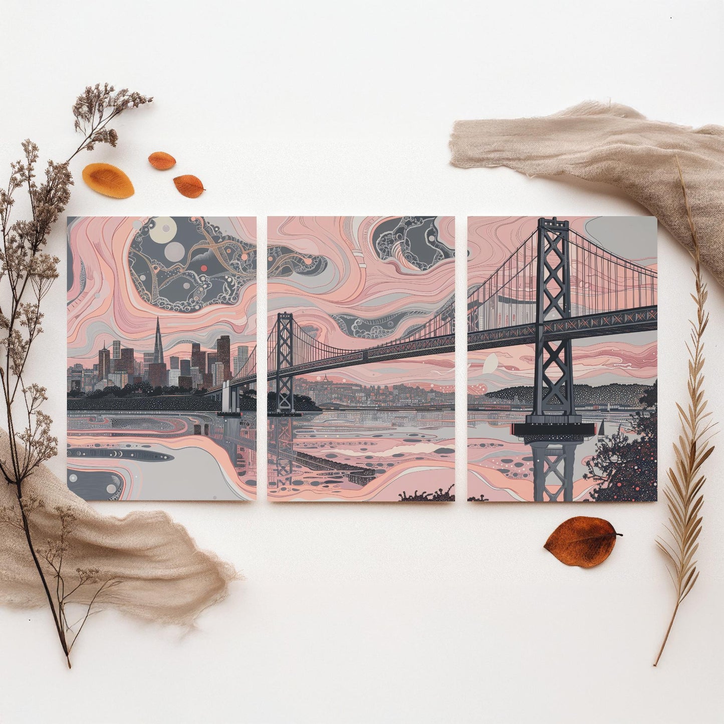 San Francisco USA Set of Three Art Prints | Golden Gate Bridge Wall Art | Pink Grey Poster Illustration