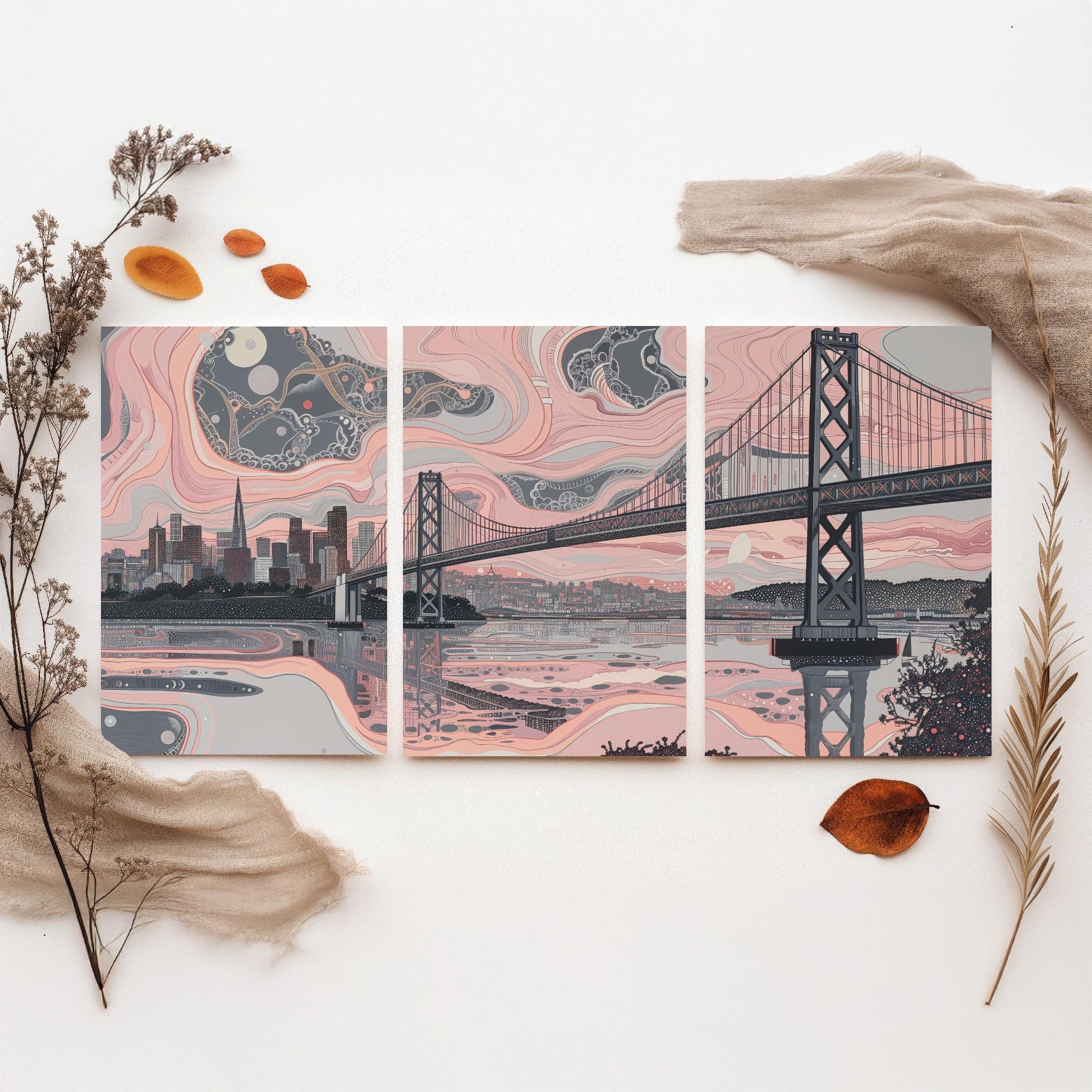 San Francisco USA Set of Three Art Prints | Golden Gate Bridge Wall Art | Pink Grey Poster Illustration