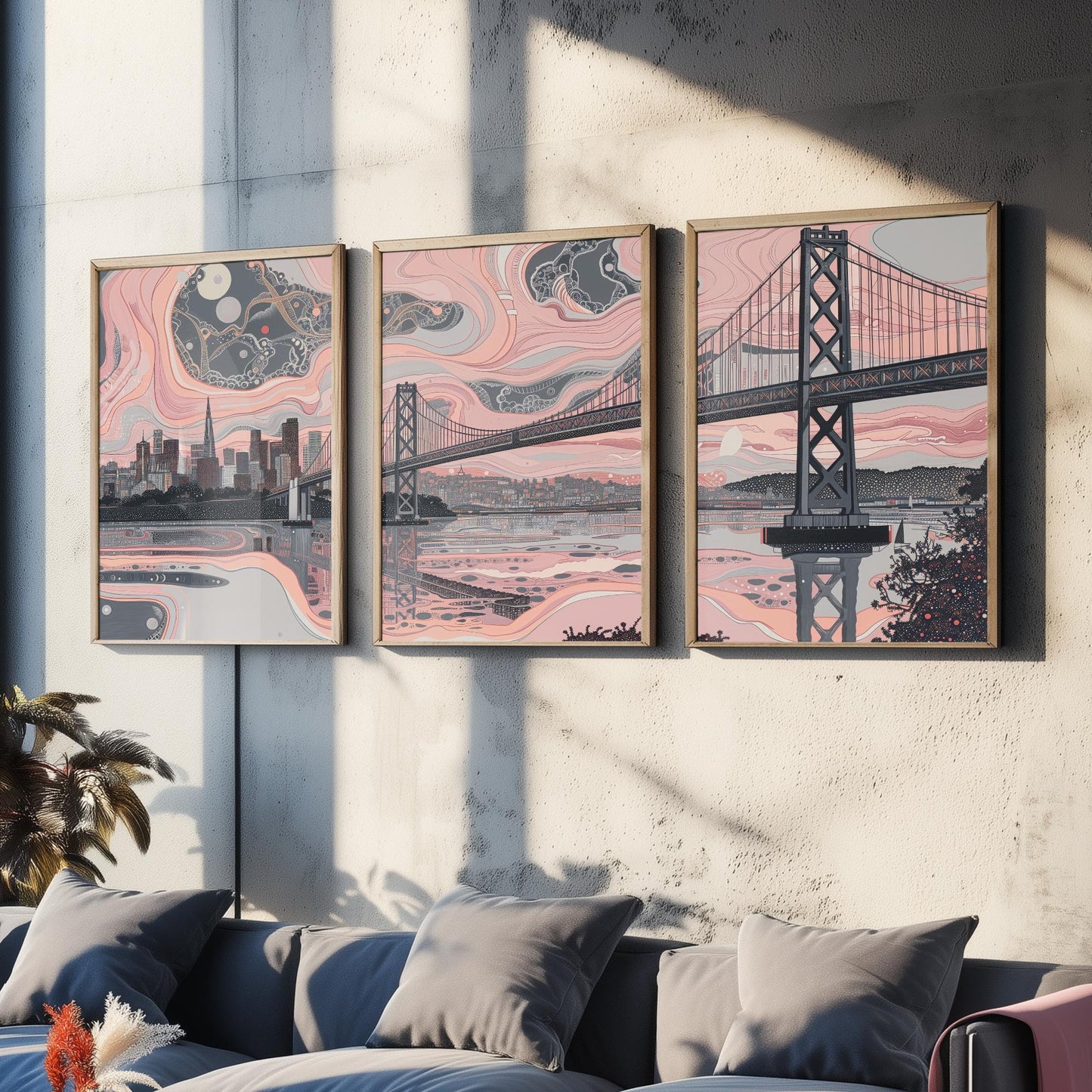 San Francisco USA Set of Three Art Prints | Golden Gate Bridge Wall Art | Pink Grey Poster Illustration